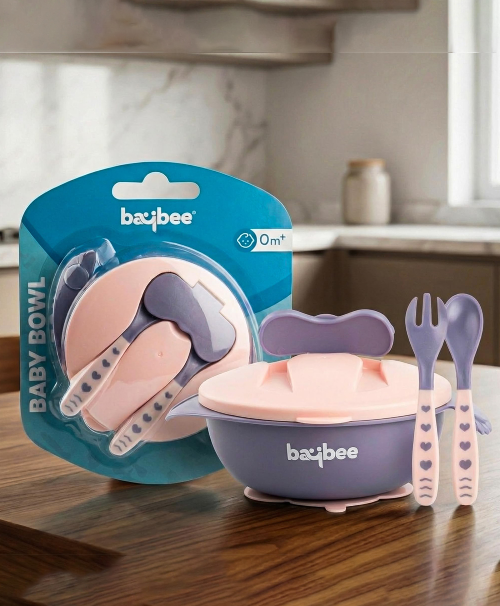 Baybee Baby Feeding Bowl with Lid Suction Cup Spoon & Fork Set - Pink-picture-22