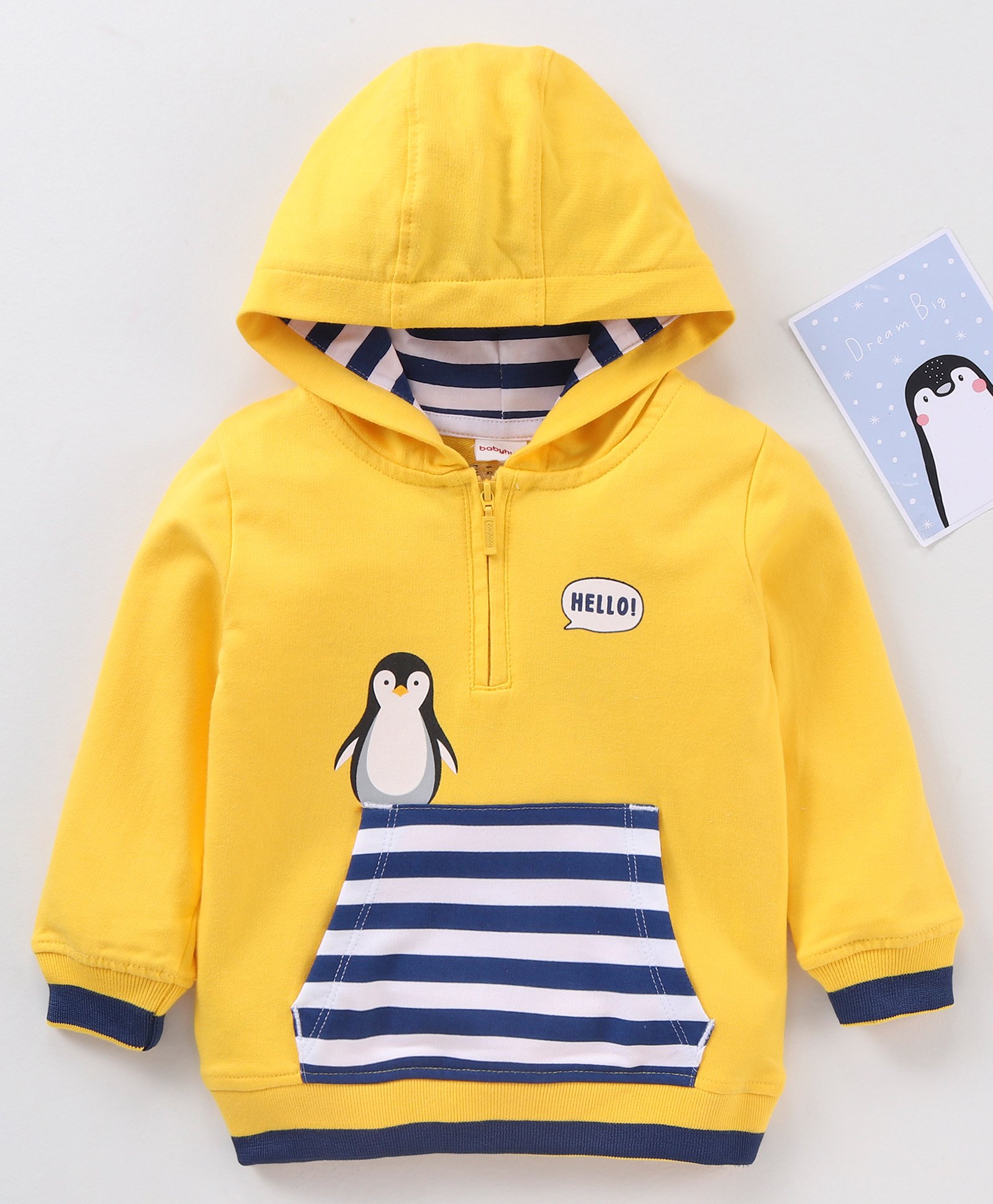Babyhug Cotton Knit Full Sleeves Hooded Sweatshirt Penguin Print - Yellow-image-48
