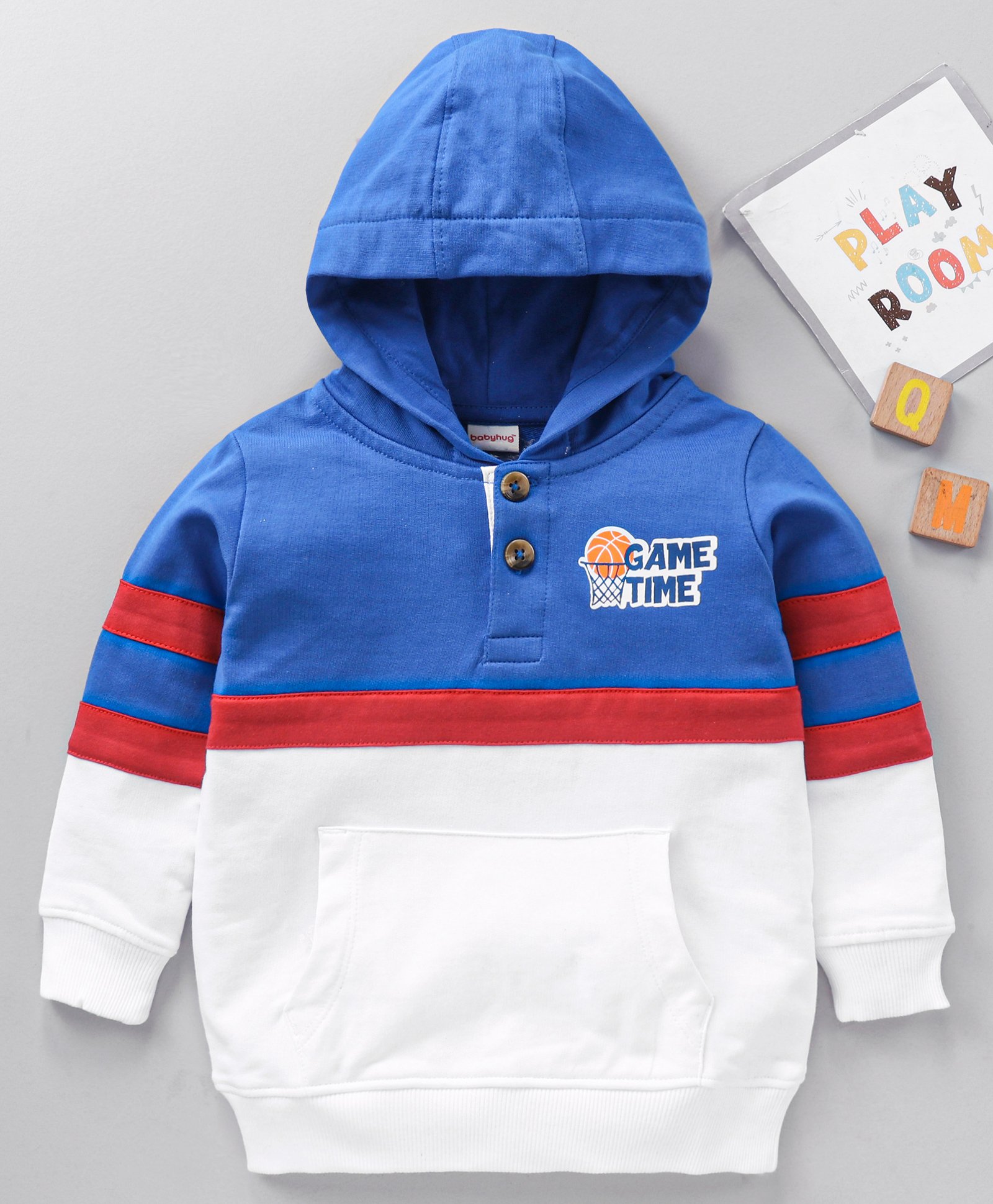 Babyhug Cotton Knit Full Sleeves Hooded Sweatshirt Basketball Print - White and Blue-picture-19