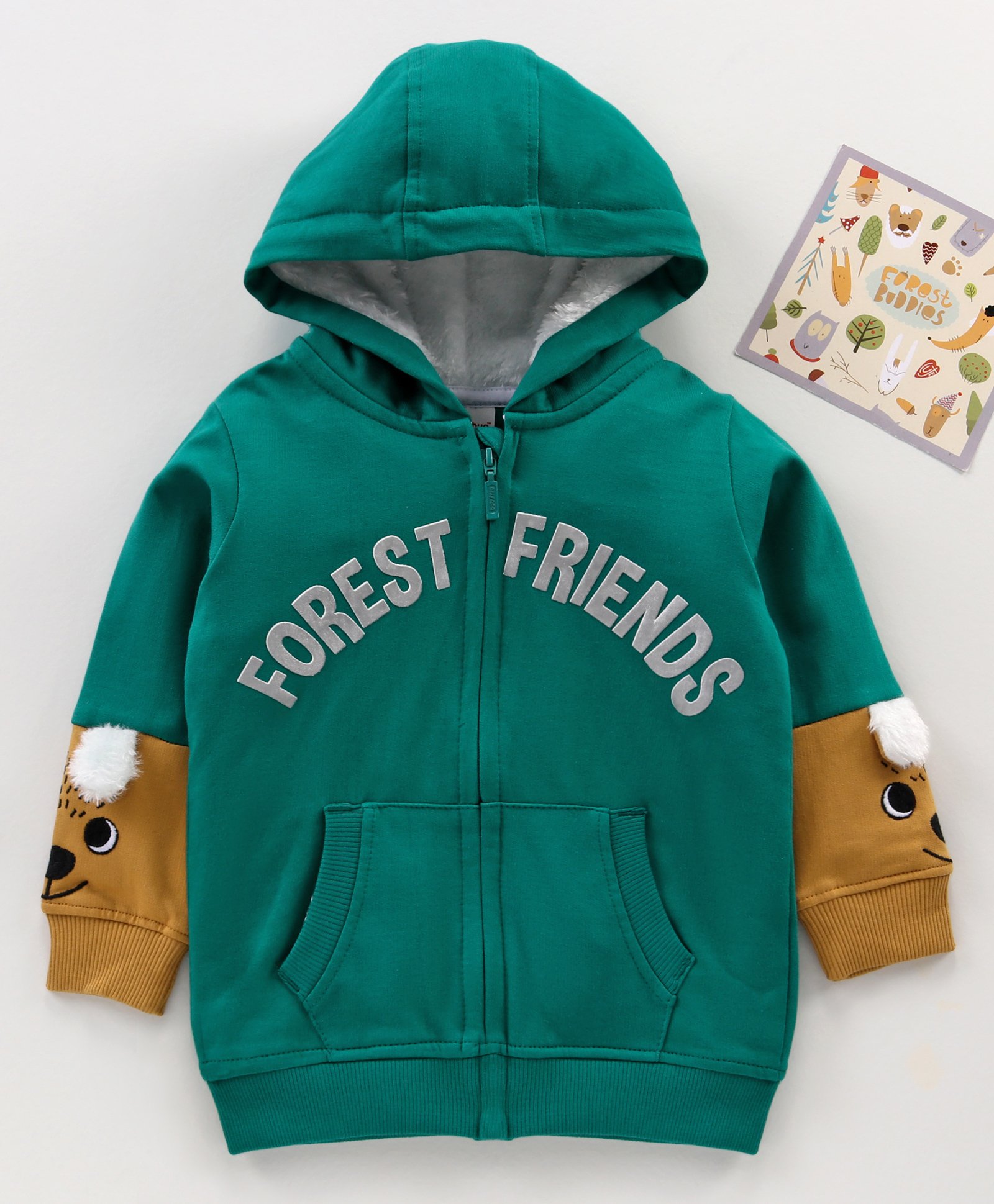 Babyhug Cotton Knit Full Sleeves Hooded HD Text Printed Sweat Jacket with Applique & Fur Detailing- Green-image-28
