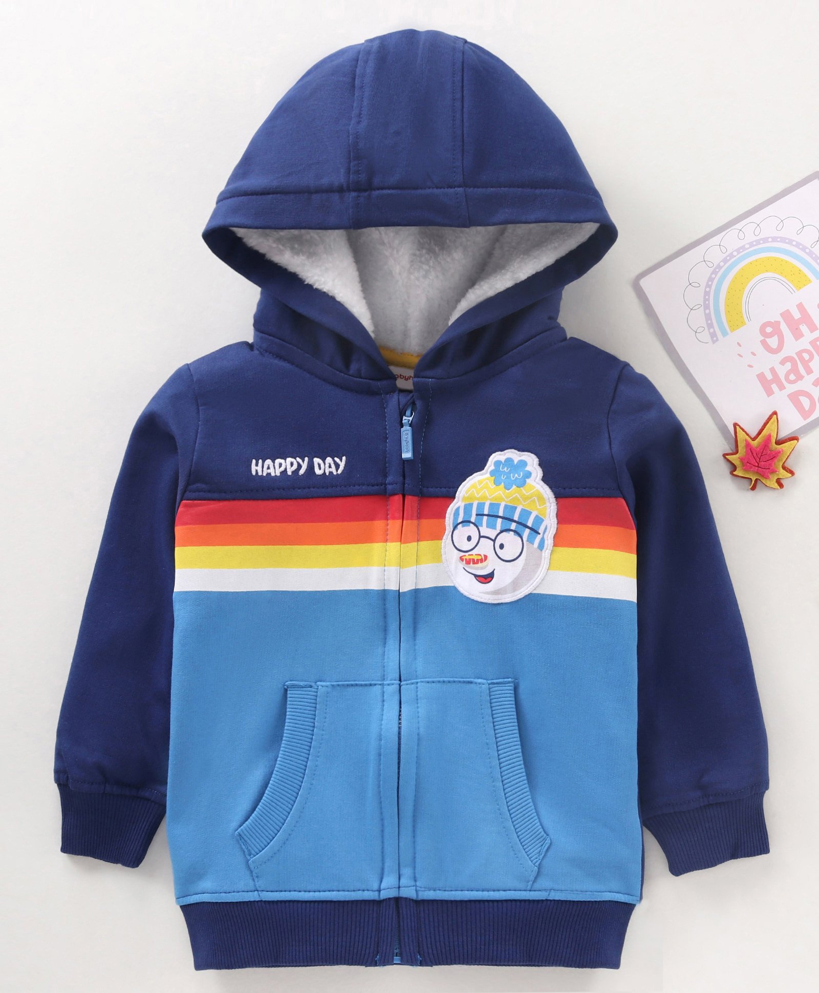 Babyhug Full Sleeves Cut & Sew Hooded Sweat Jacket With Print & Applique - Navy Blue-image-1