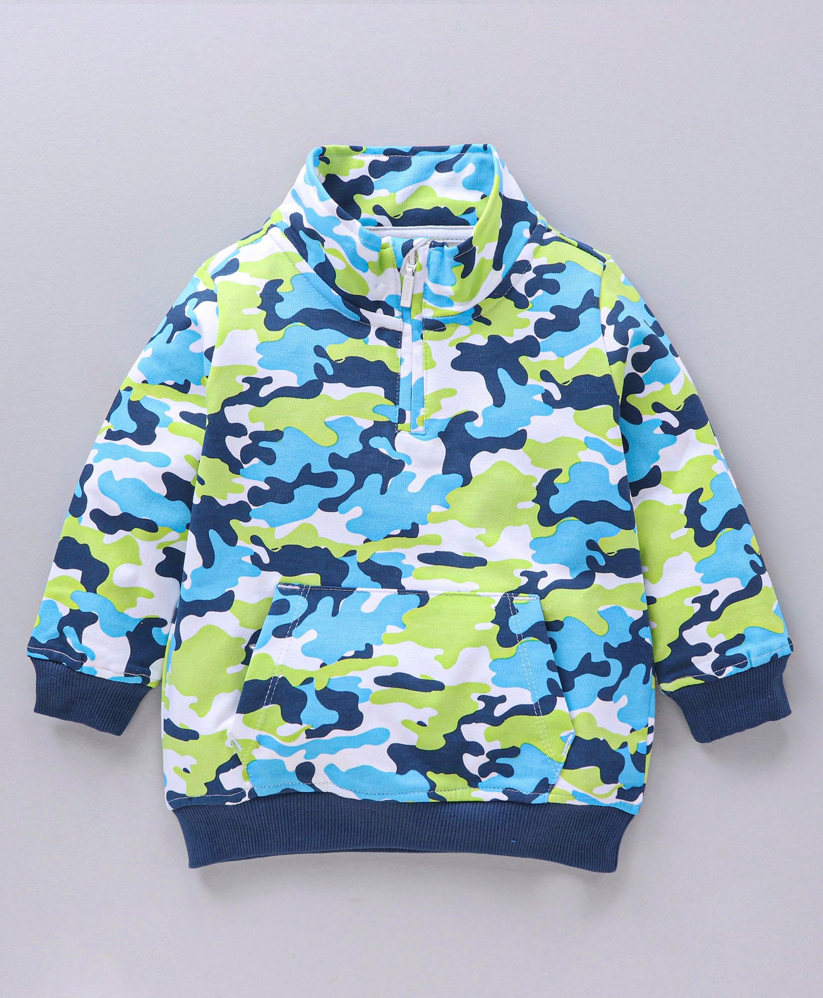 Babyhug Cotton Knit Full Sleeves Sweatshirt Abstract Print & Band Collar Detailing - White/Blue-image-1