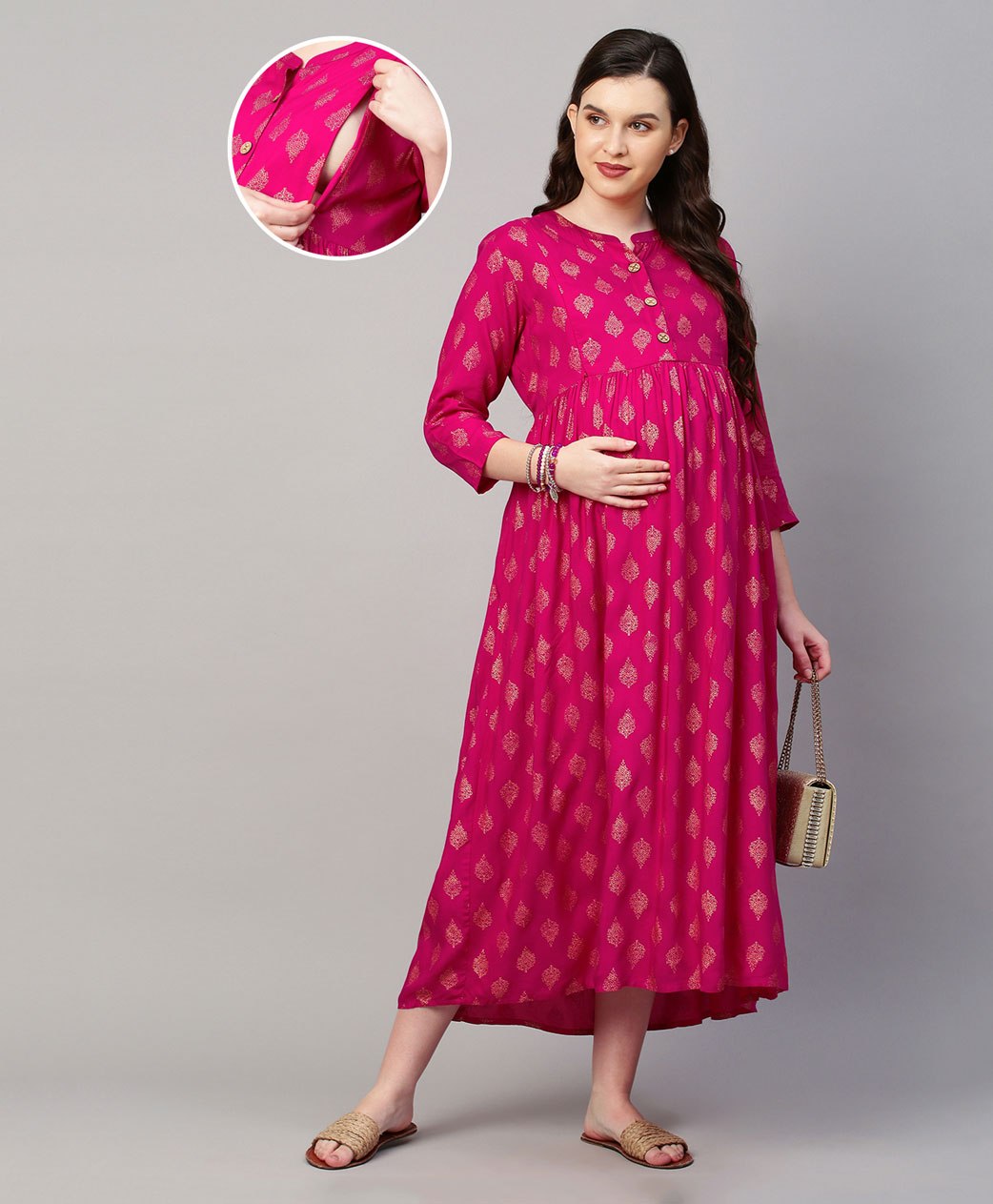 MomToBe Three Fourth Sleeves All Over Motif Printed Flared Maternity Dress - Pink-image-15