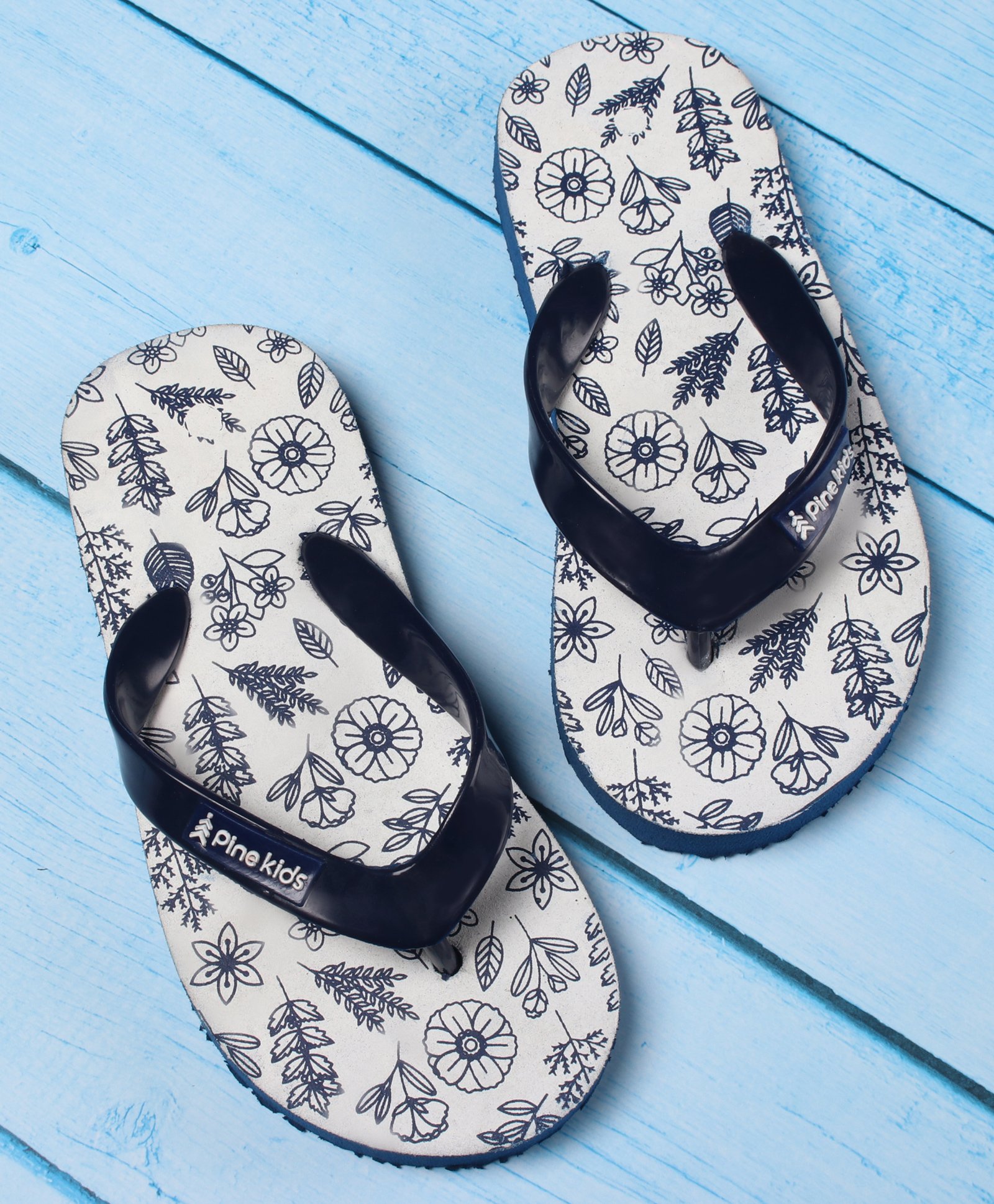 Pine Kids Flip Flops Floral Print- Navy White-image-30
