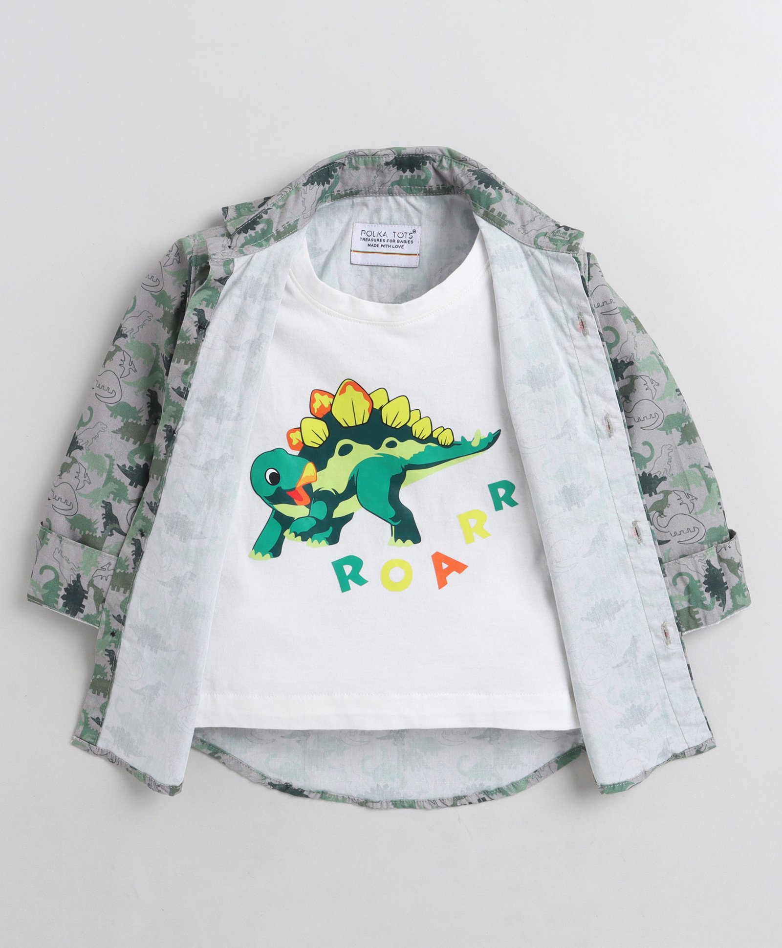 Polka Tots Full Sleeves Dinosaurs Printed Shirt With Attached Tee - Grey & Green-image-12