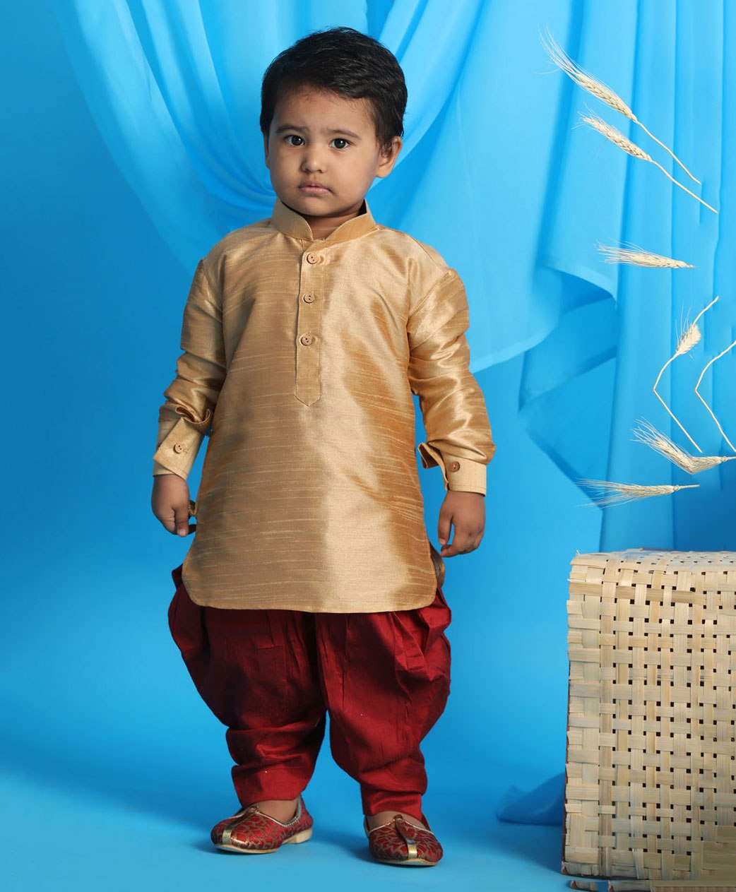 Vastramay Sishu Full Sleeves Solid Kurta & Dhoti Set - Rose Gold & Maroon-picture-10