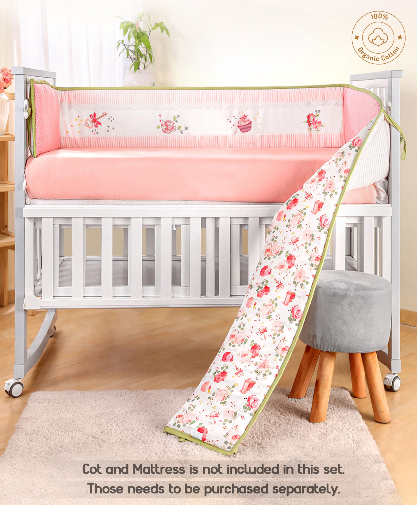 Bonfino Premium 100% Organic Cotton Crib Bumper Cupcake Print - Pink & White-picture-5