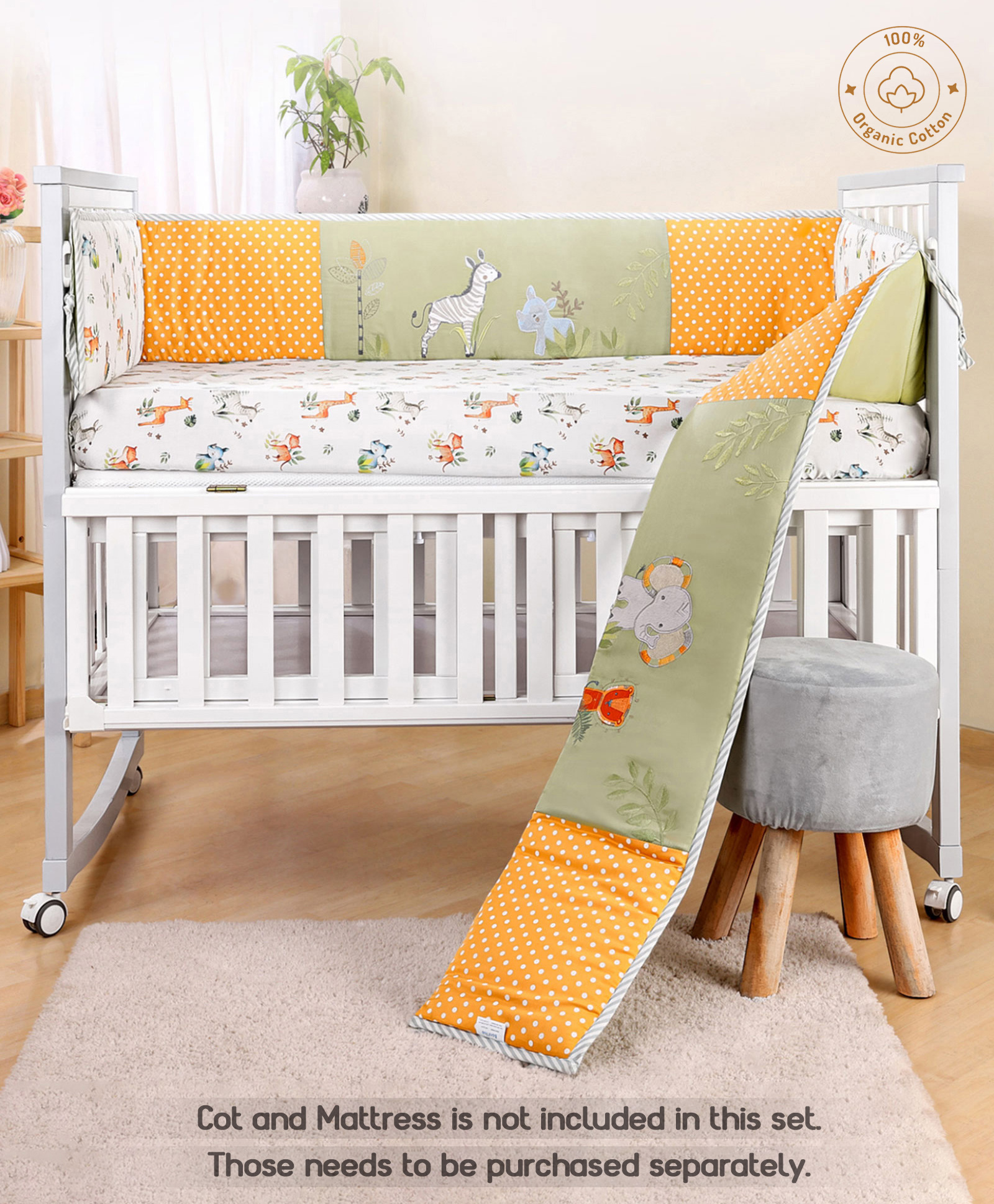 Bonfino Premium 100% Organic Cotton Crib Bumper African Jungle Safari Print - Orange & Olive Green