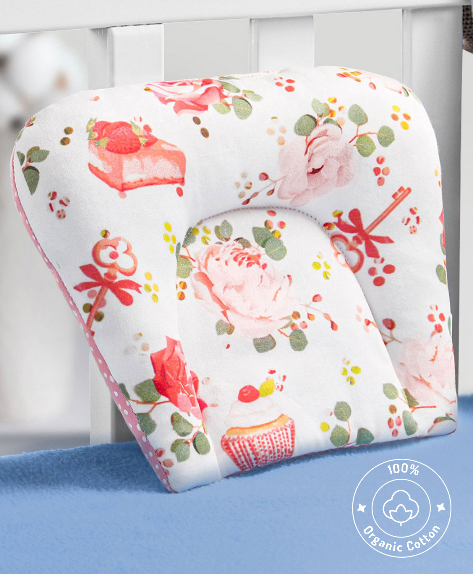 Bonfino Premium Organic Cotton U Shape Pillow Cupcake Print - Pink and White-picture-16