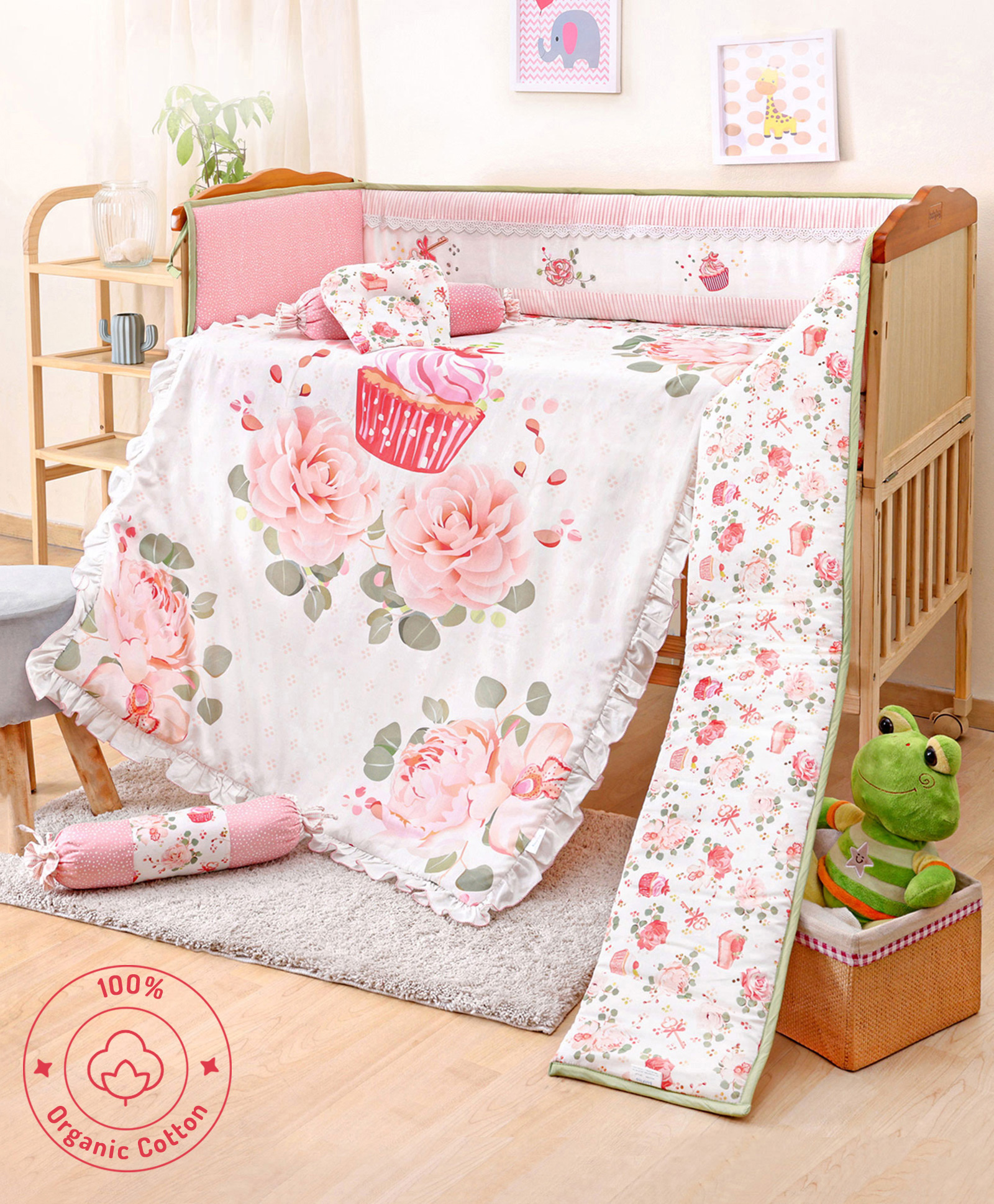 Bonfino Premium 100% Organic Cotton Crib Bedding Set Cupcake Print - Pink & White-picture-10
