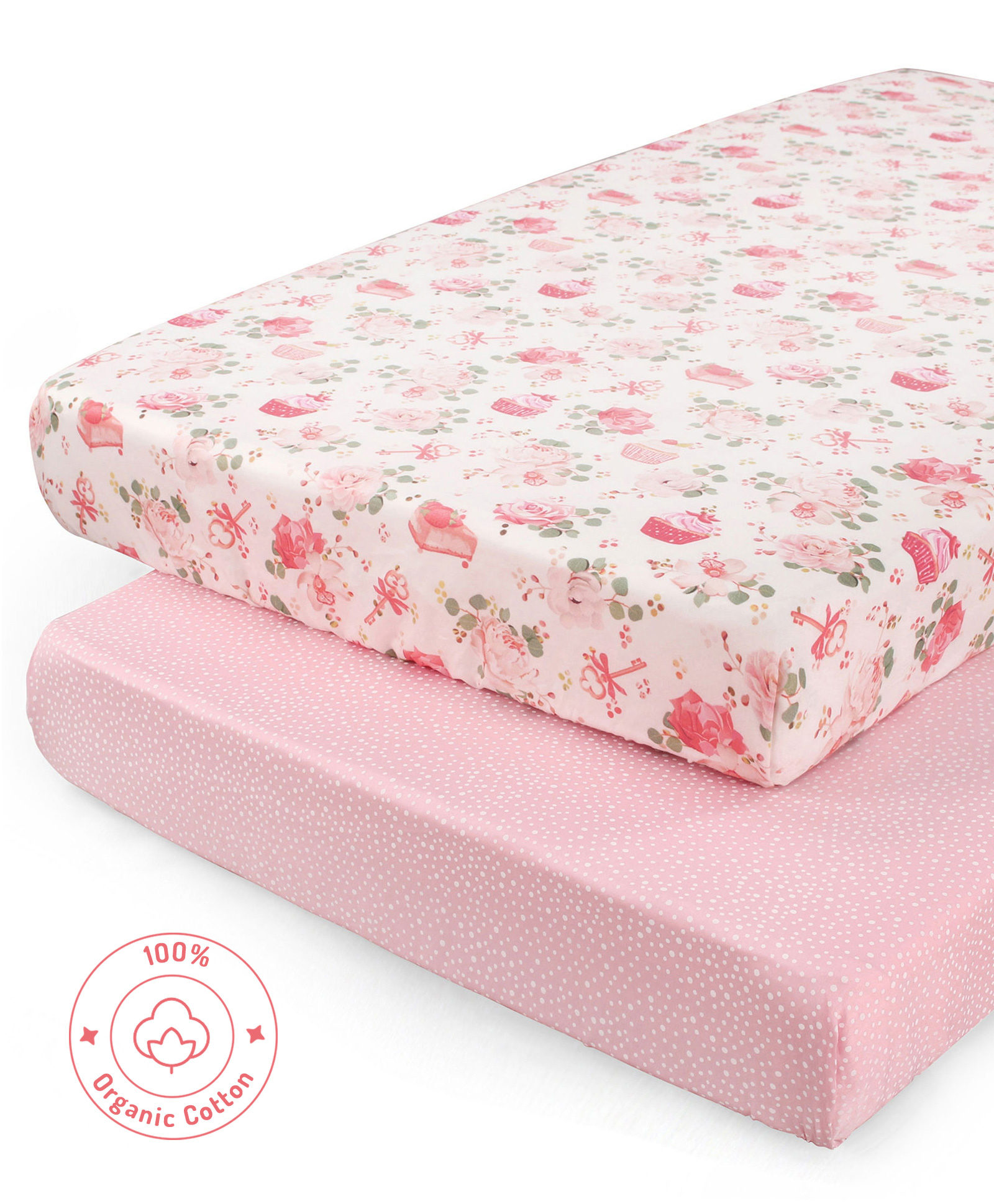Bonfino Premium Organic Cotton Fitted Crib Sheet Set of 2 Cupcake Print - Pink-picture-44