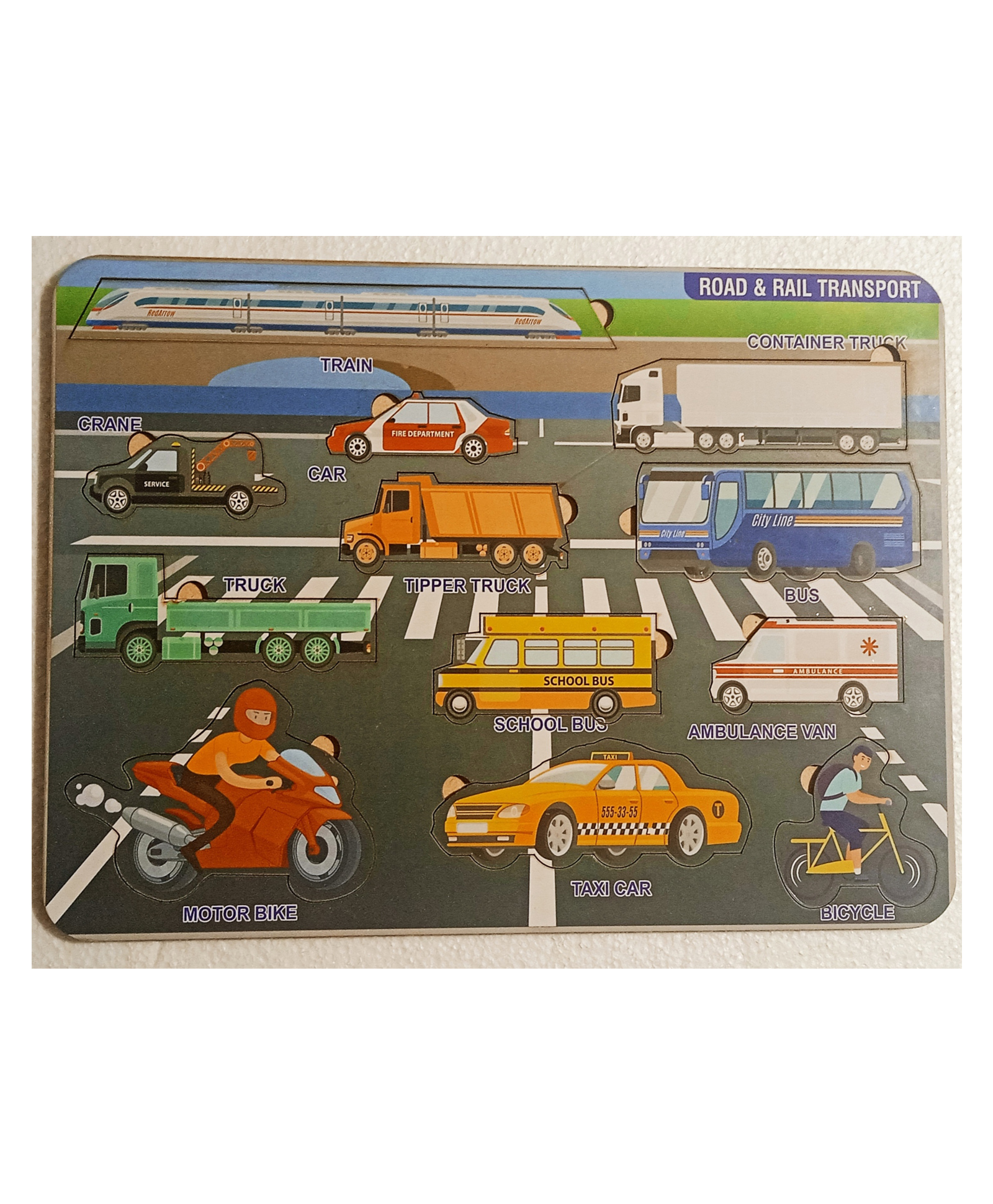 Fingo Brain Wooden Board Puzzle Road & Rail Transport Multicolour - 12 Pieces-picture-16