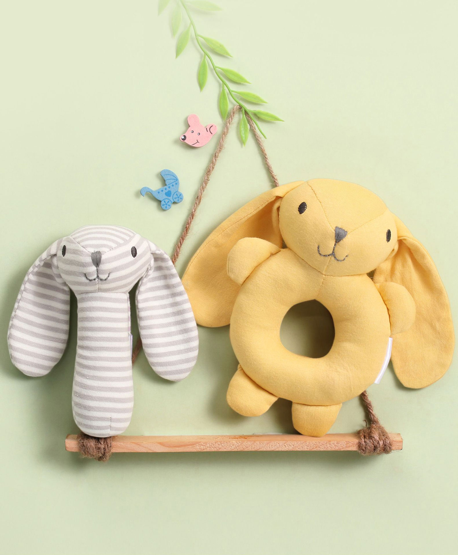 Bonfino Bear & Dog Rattles Pack Of 2 - Yellow Grey