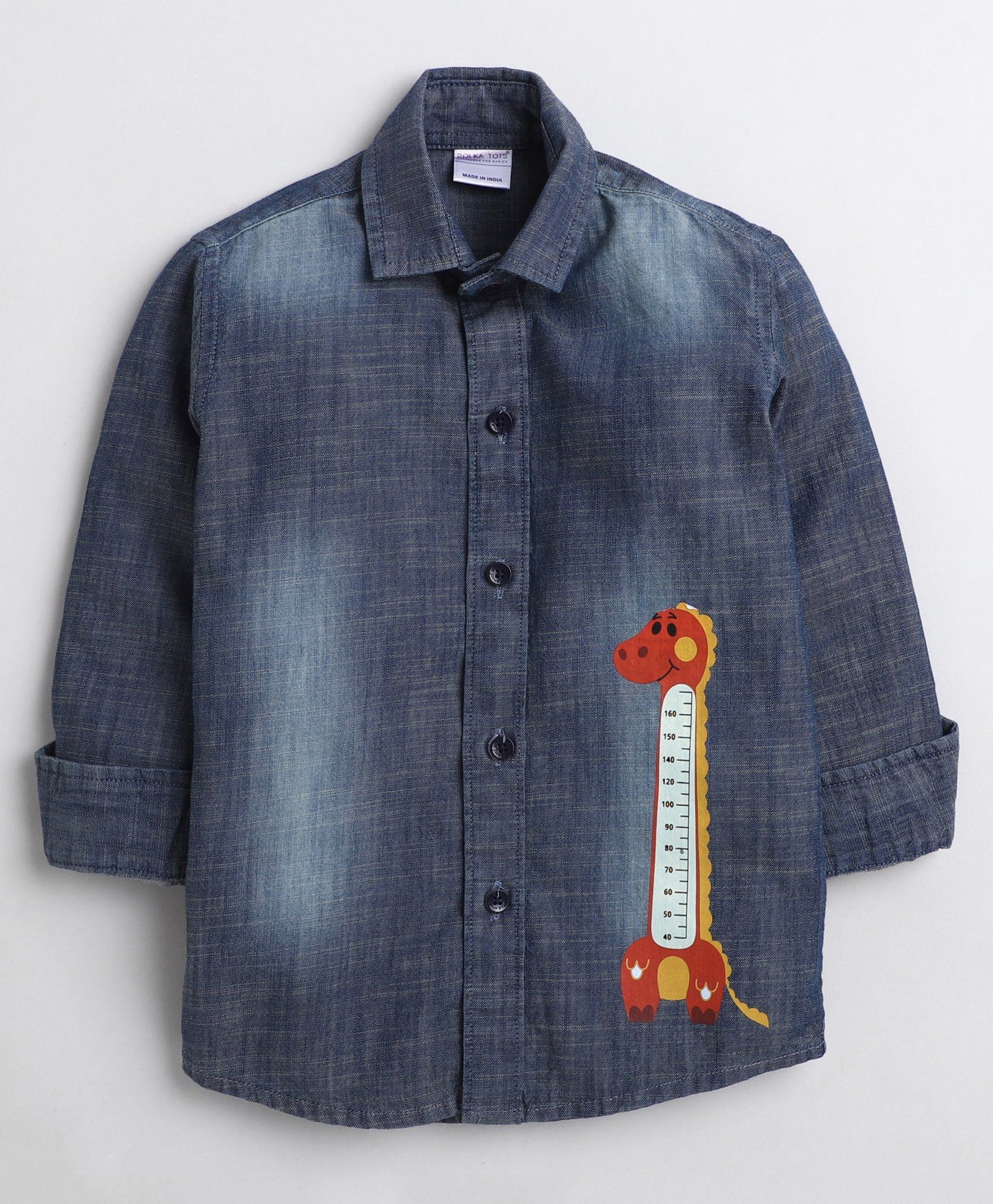 Polka Tots Full Sleeves Giraffe Placement Printed Denim Style Shirt - Blue-image-39