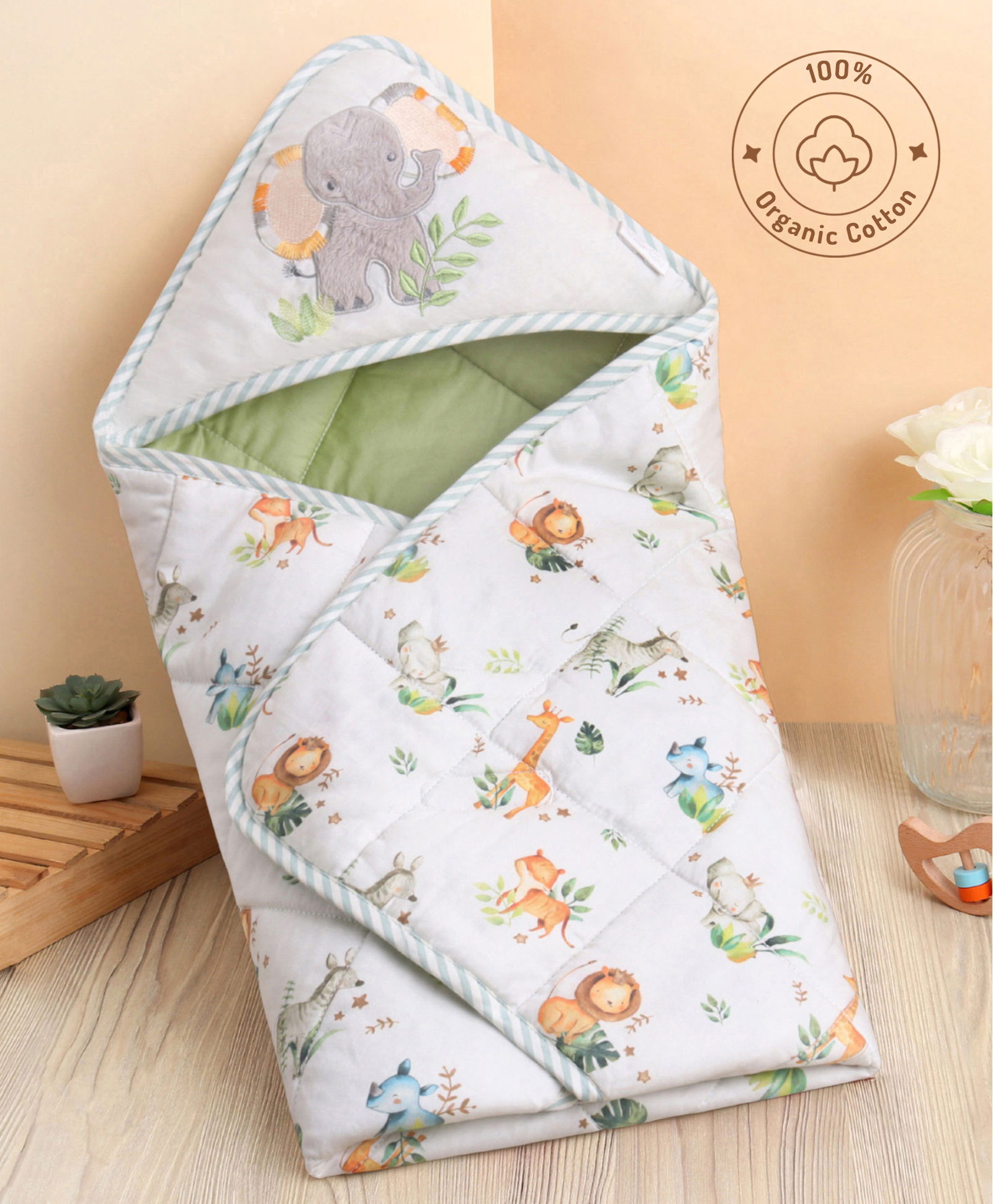 Bonfino Premium Organic Cotton Quilted Hooded Wrapper African Safari Print - Green & White-image-25
