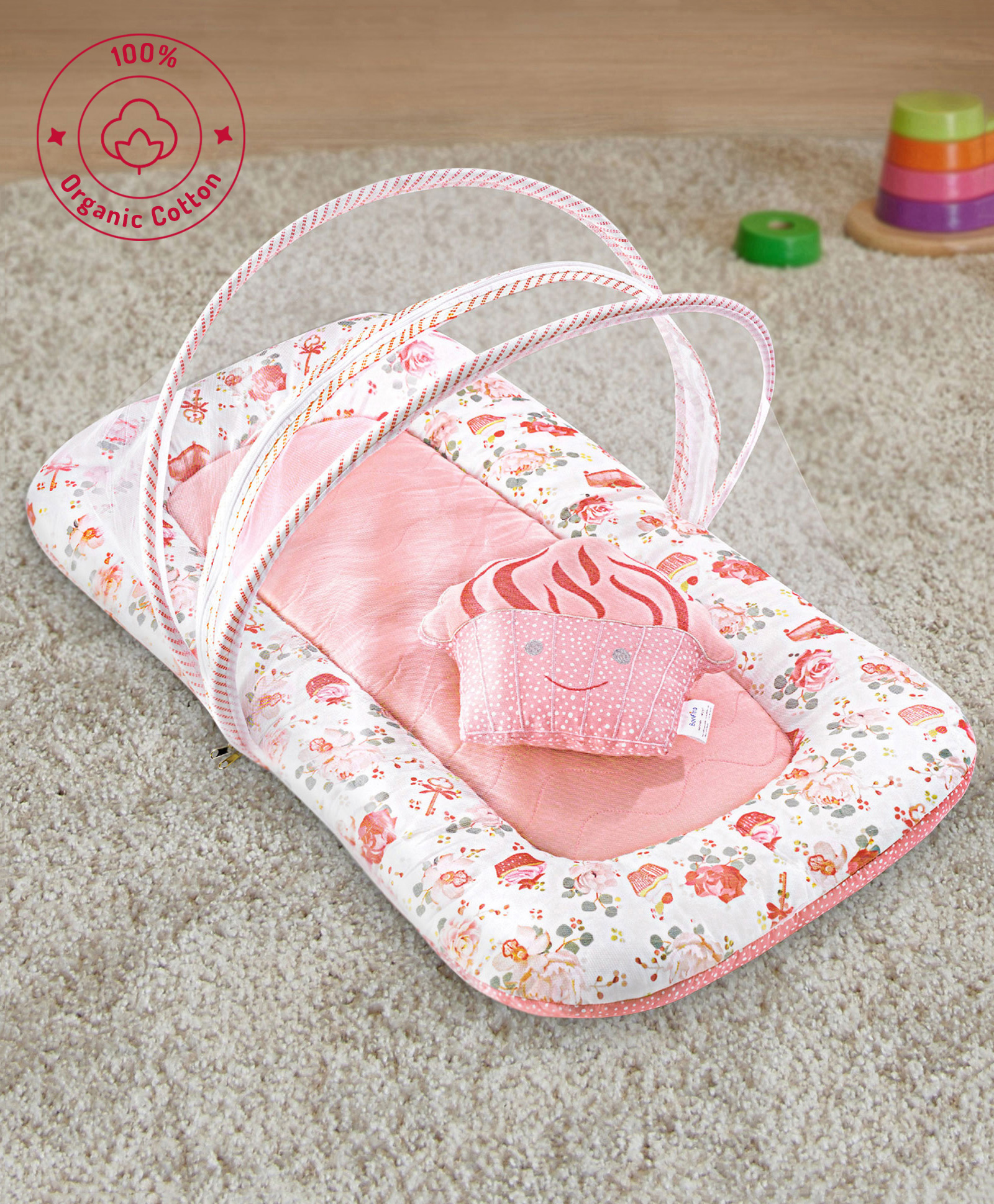 Bonfino Premium Organic Cotton Mattress Set with Net Cupcake Print - Pink-picture-38
