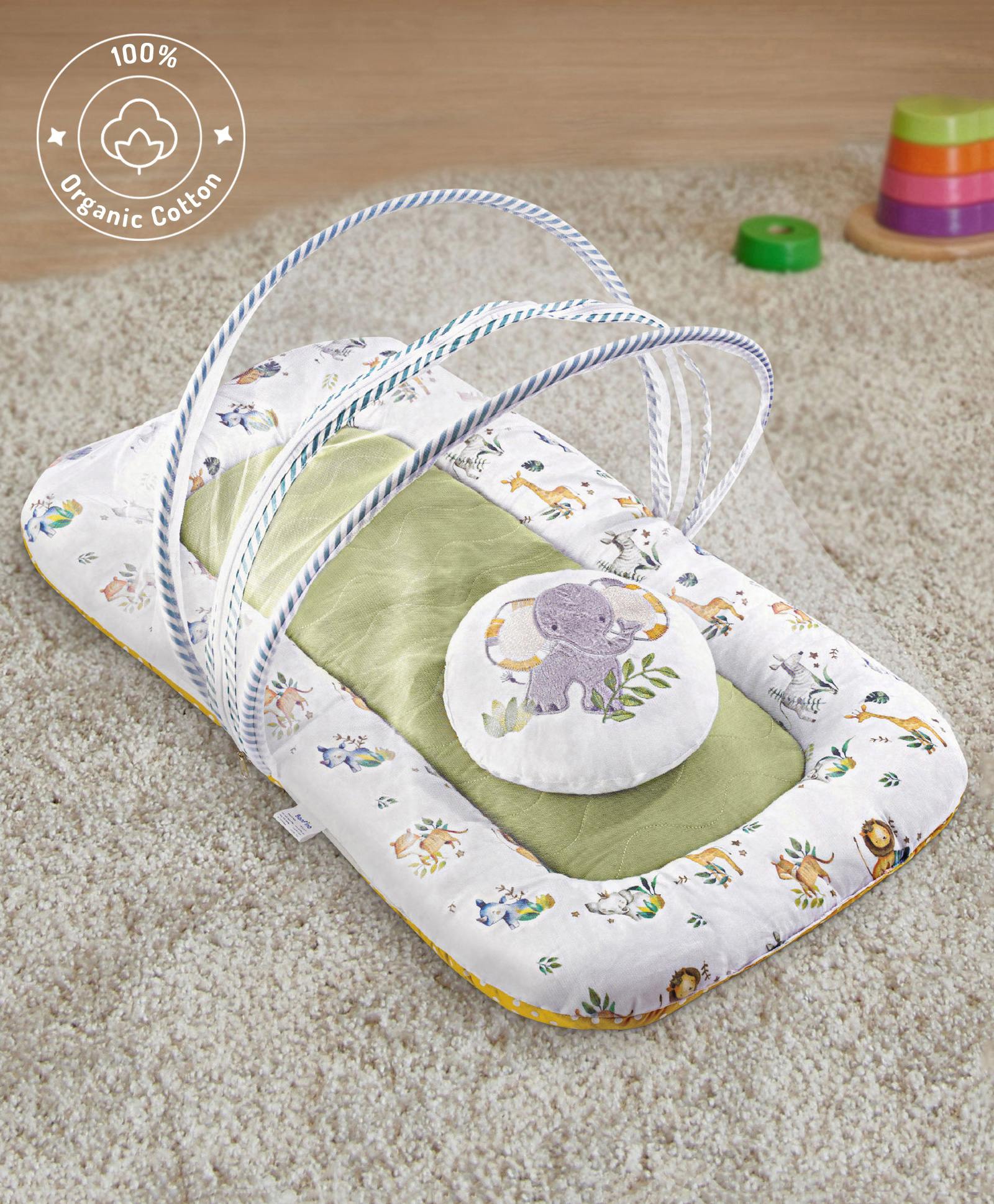 Bonfino Premium Organic Cotton Mattress Set with Net African Safari Print - Green-image-24
