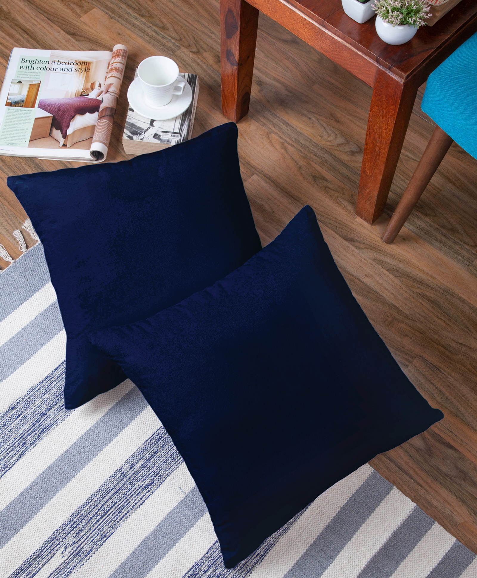 24 x 24 inch / 60 x 60 cm Solid Plain Dyed Soft & Smooth Chair,Bed Navy Blue Made in India Encasa Homes Velvet Throw Pillow Cushion Cover 2 pcs Set Square Accent Decorative Pillowcase for Couch 