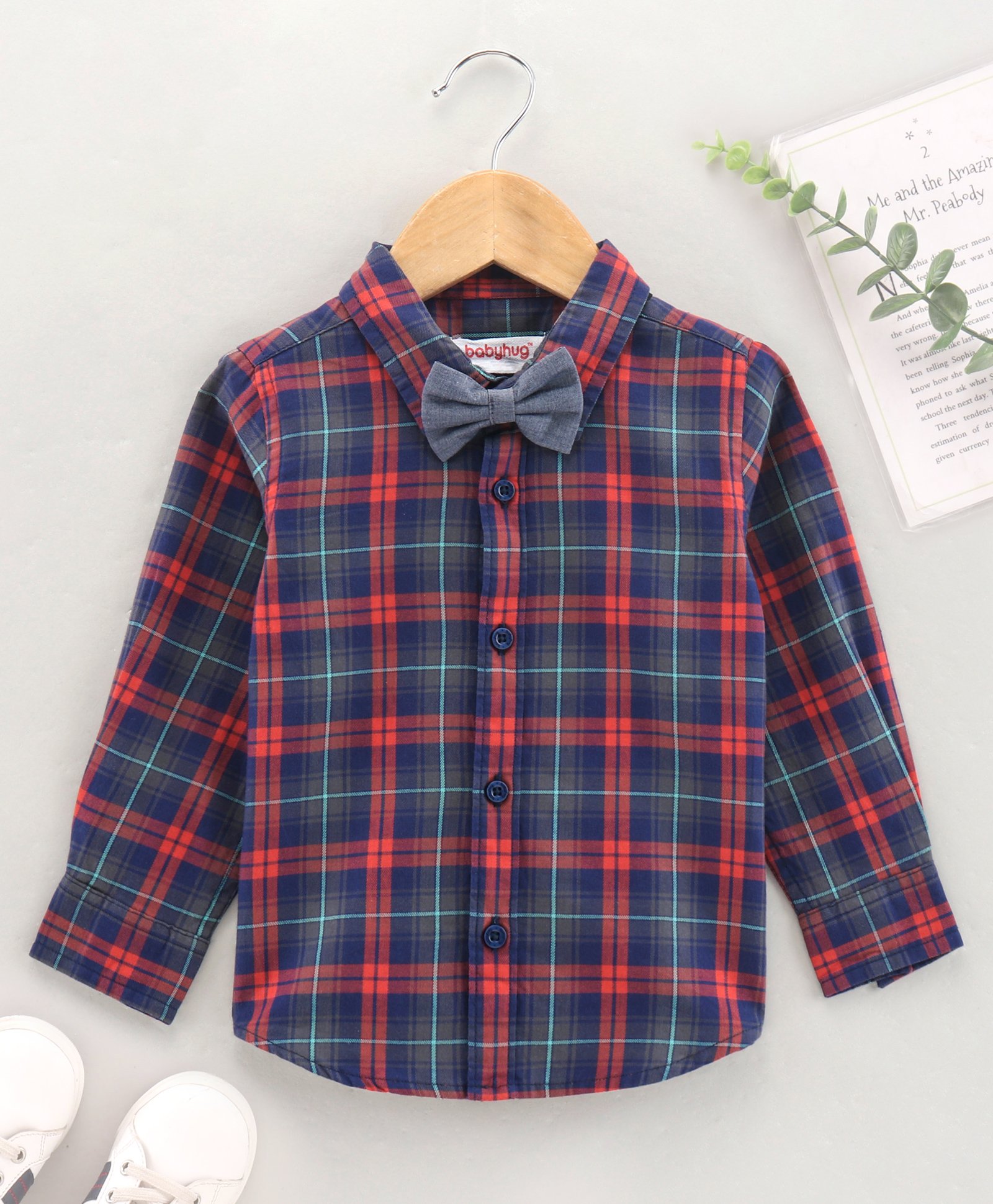 Babyhug Cotton Full Sleeves Checks Shirt With A Bow - Orange Navy-picture-23