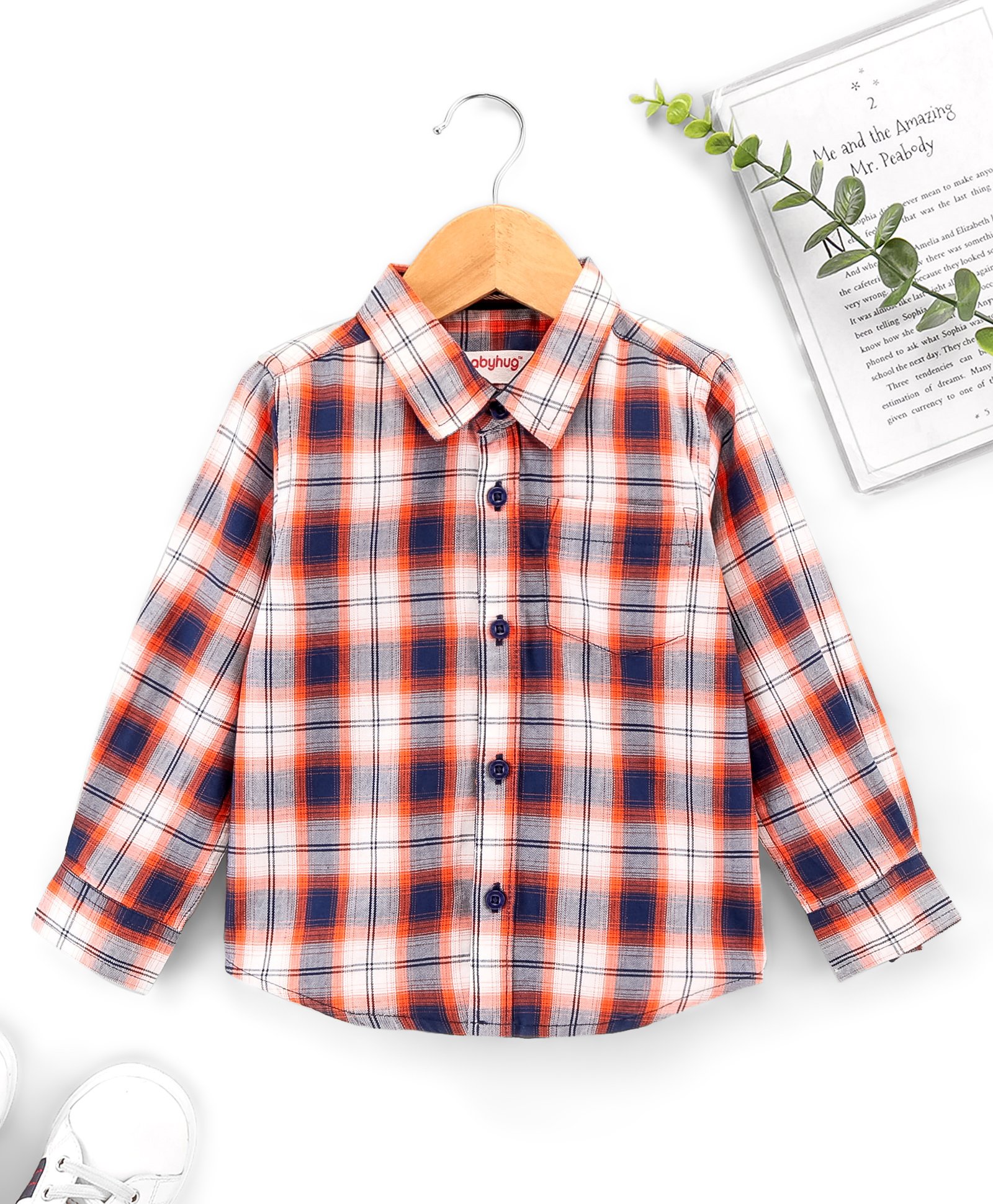 Babyhug Cotton Full Sleeves Checked Shirt With Pocket - Orange-image-41