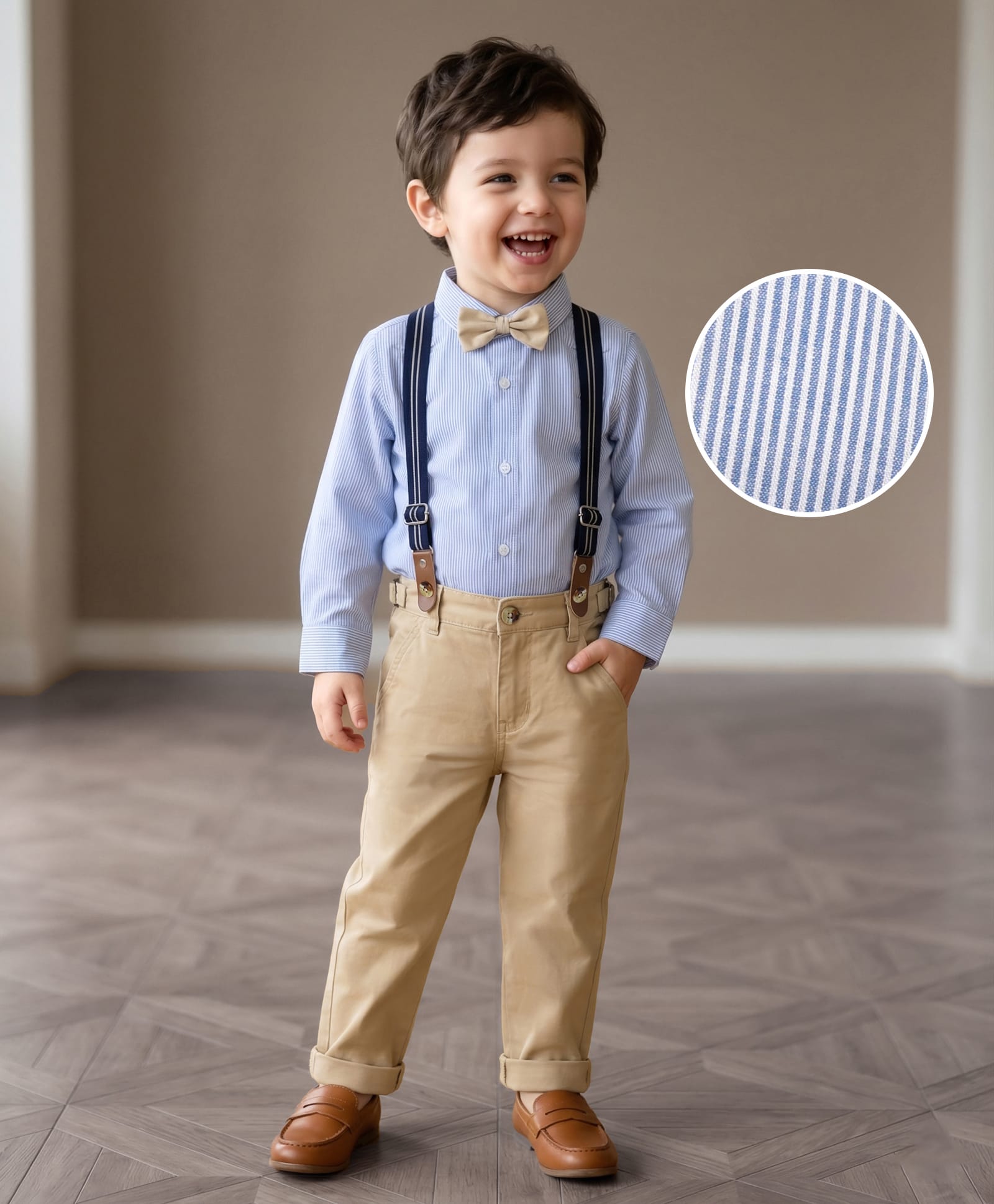 Mark & Mia Cotton Woven Full Sleeves Striped Party Shirt & Trouser Set with Bow Tie & Suspenders - Sky Blue & Beige-picture-22