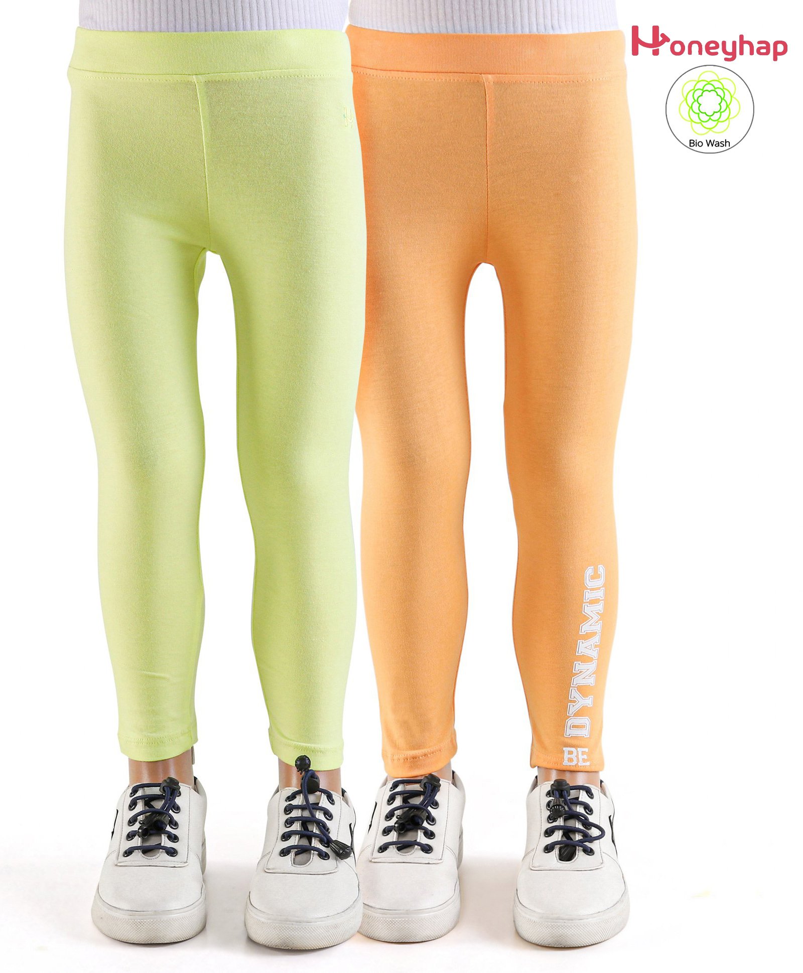 Honeyhap Premium Super Soft & Stretchable Biowashed Full Length Solid N Placement Print Leggings Pack Of 2 -  Buff Orange Sunny Lime-image-25