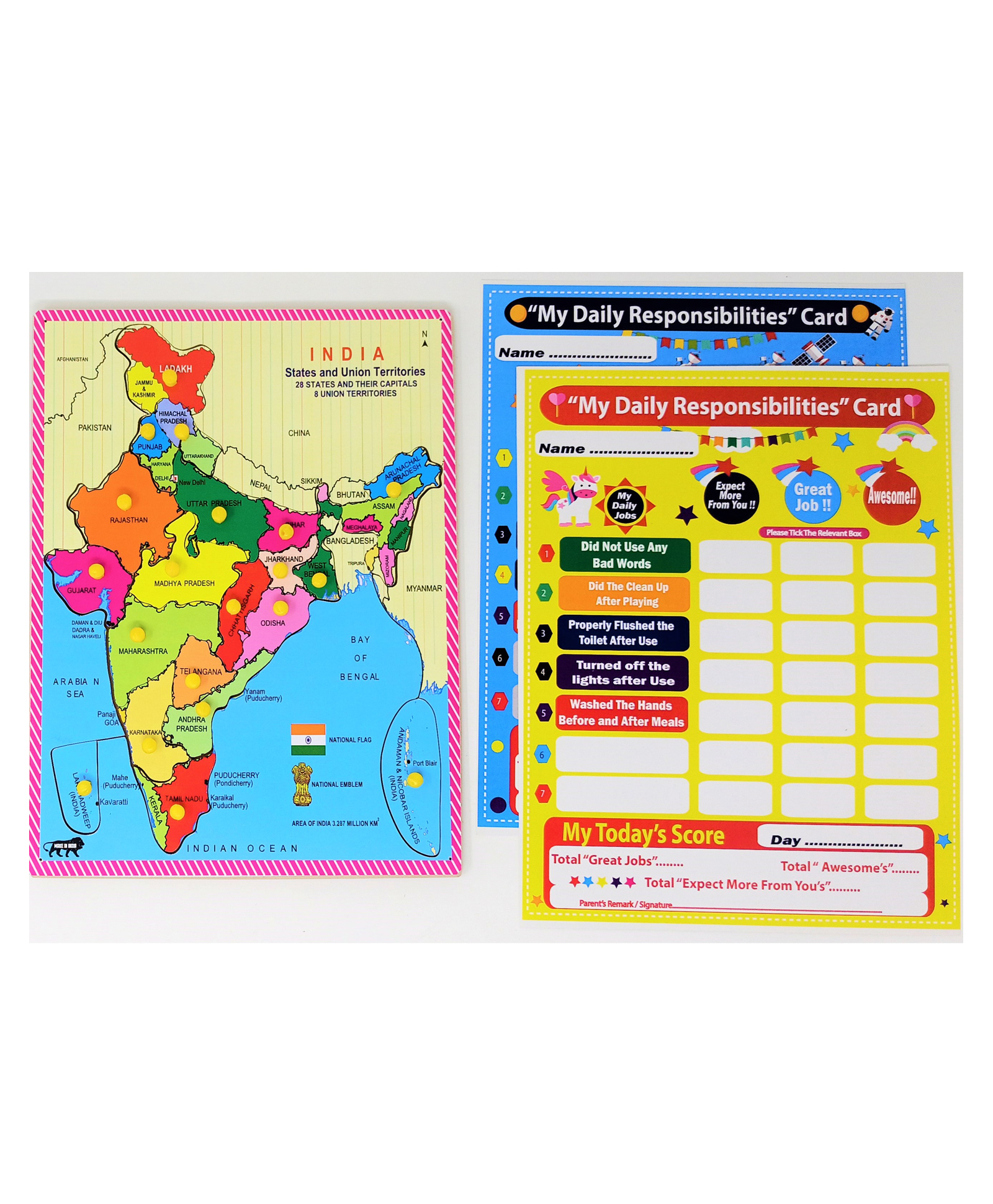 A&A Kreative Box Wooden Puzzle India Map With 2 Responsibility Cards Multicolor - 20 Pieces-image-9