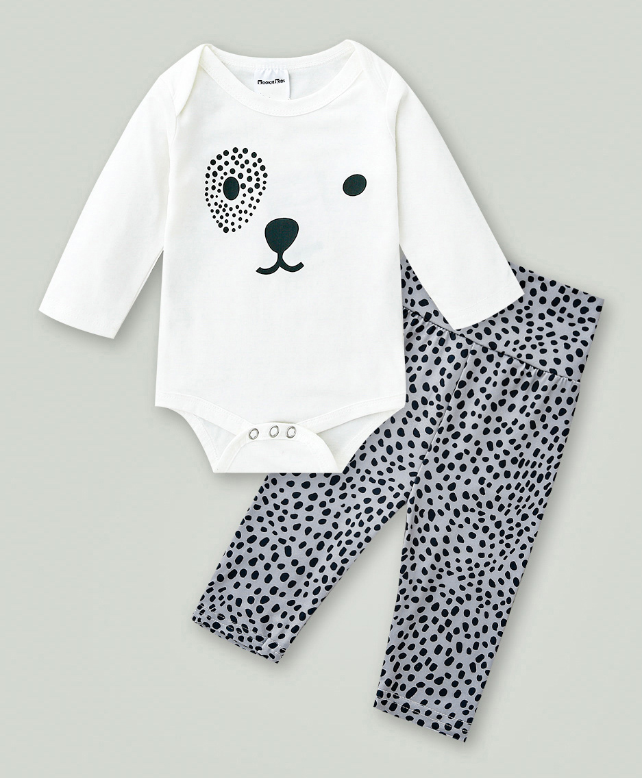 Kookie Kids Full Sleeves Onesie with Legging Puppy Face Print - White Black-image-1