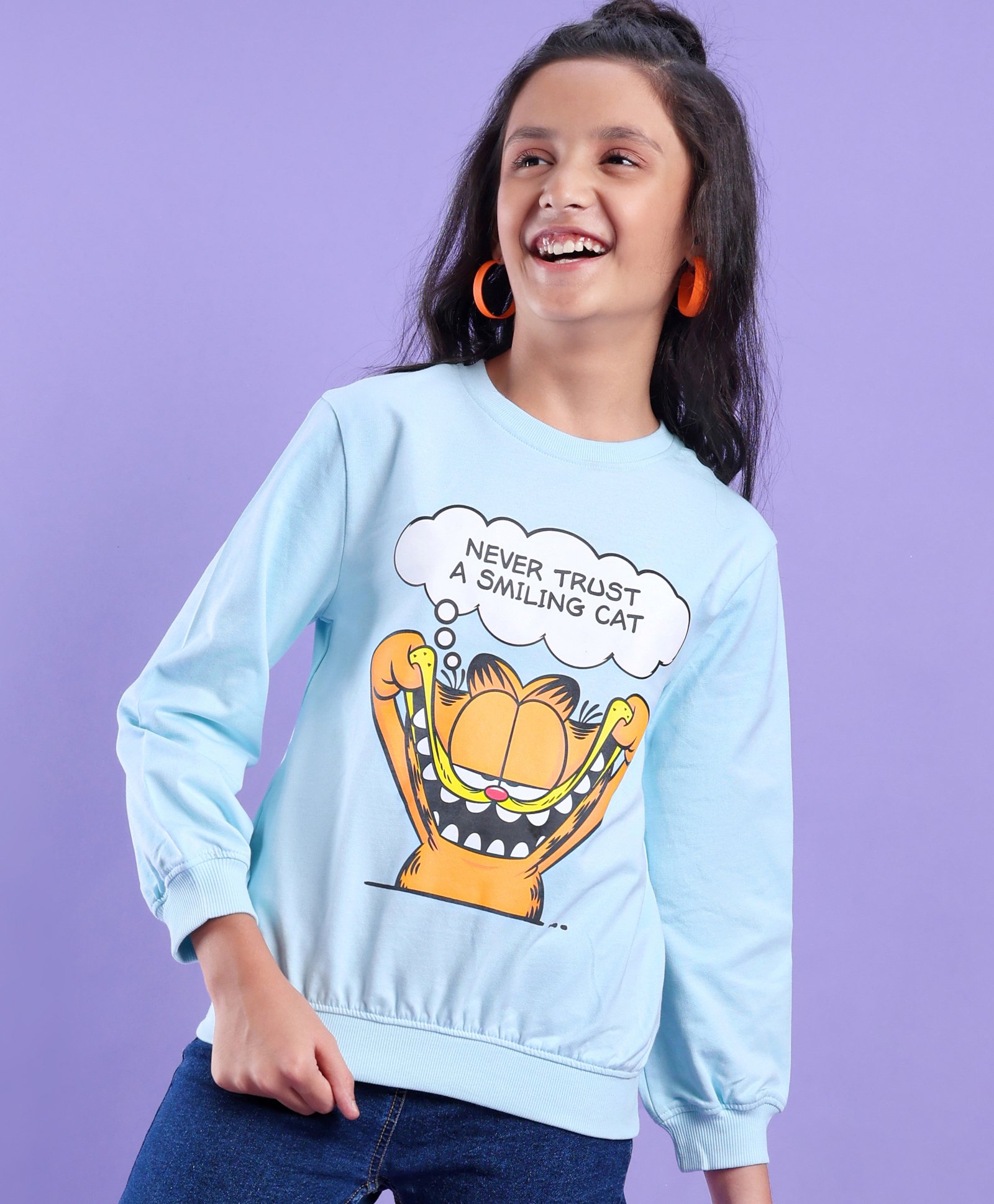 Pine Kids Cotton Knit Full Sleeves Garfeild Collection Bio Washed Crew Neck Sweatshirt - Blue-image-8