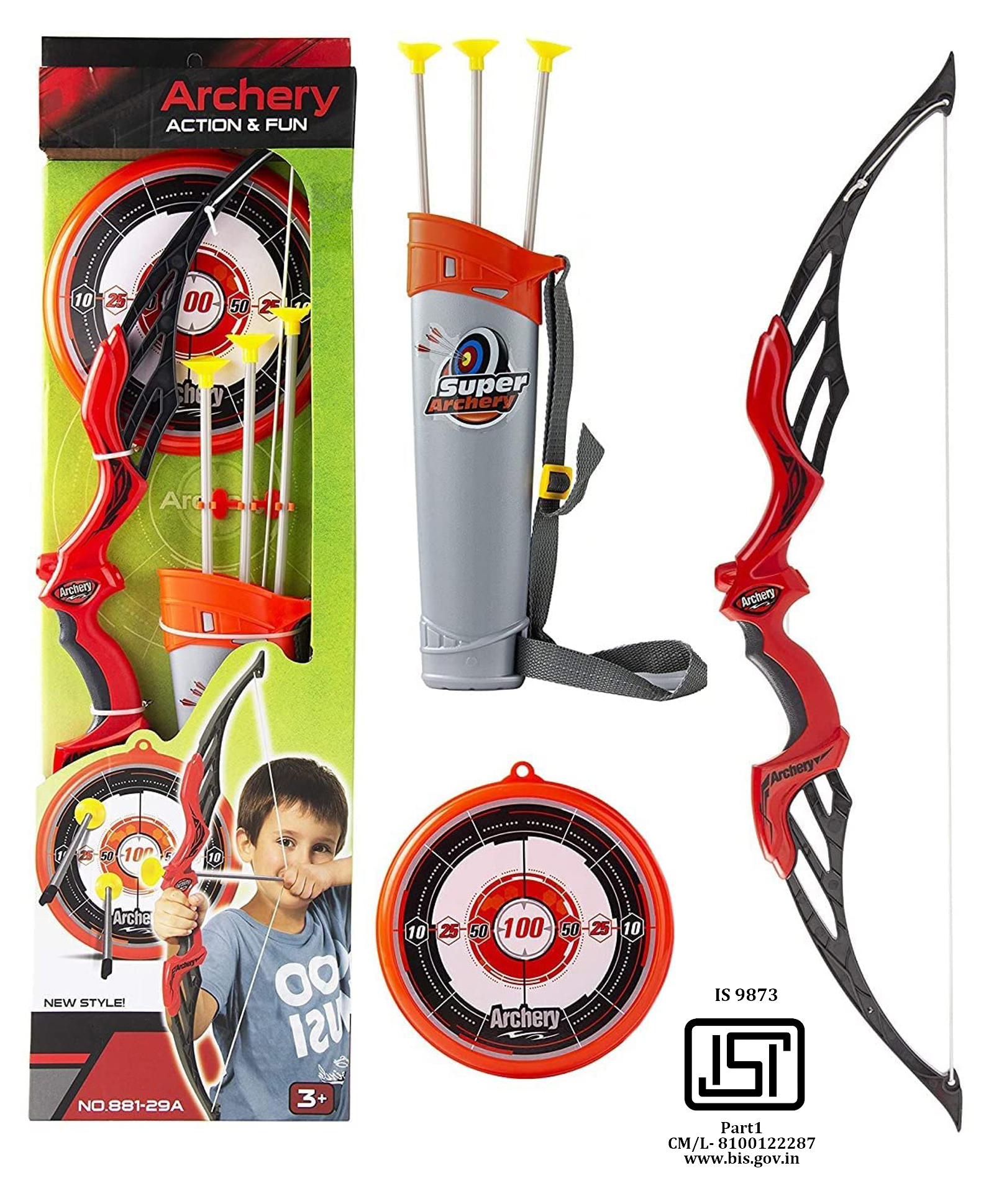 Planet of Toys Big Size Plastic Archery Bow and Arrow Set with Quiver and 3 Suction Arrows and Target -Red-picture-14