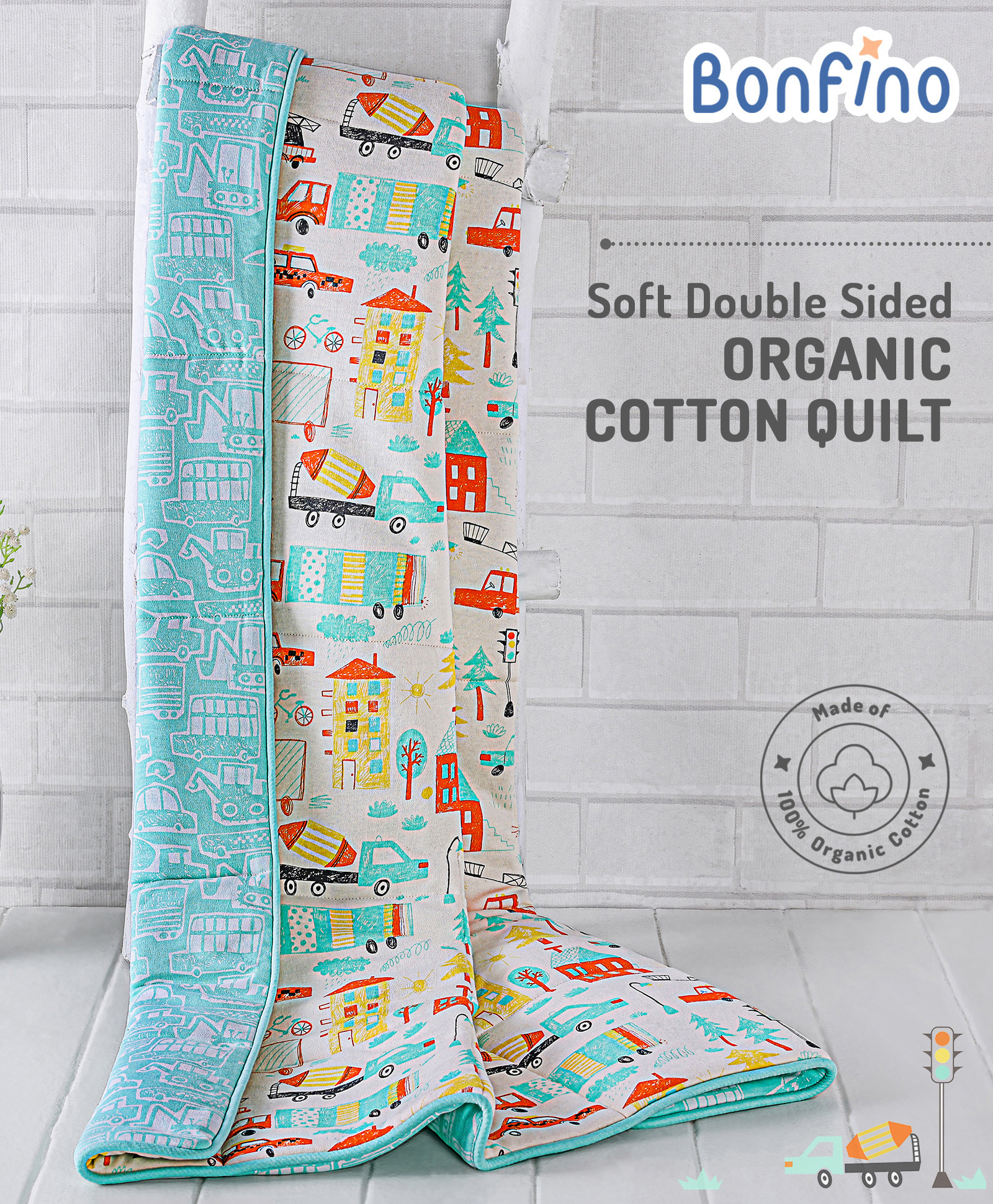 Bonfino Premium 100% Organic Cotton Quilt Transport Vehicle Print - Blue-picture-28