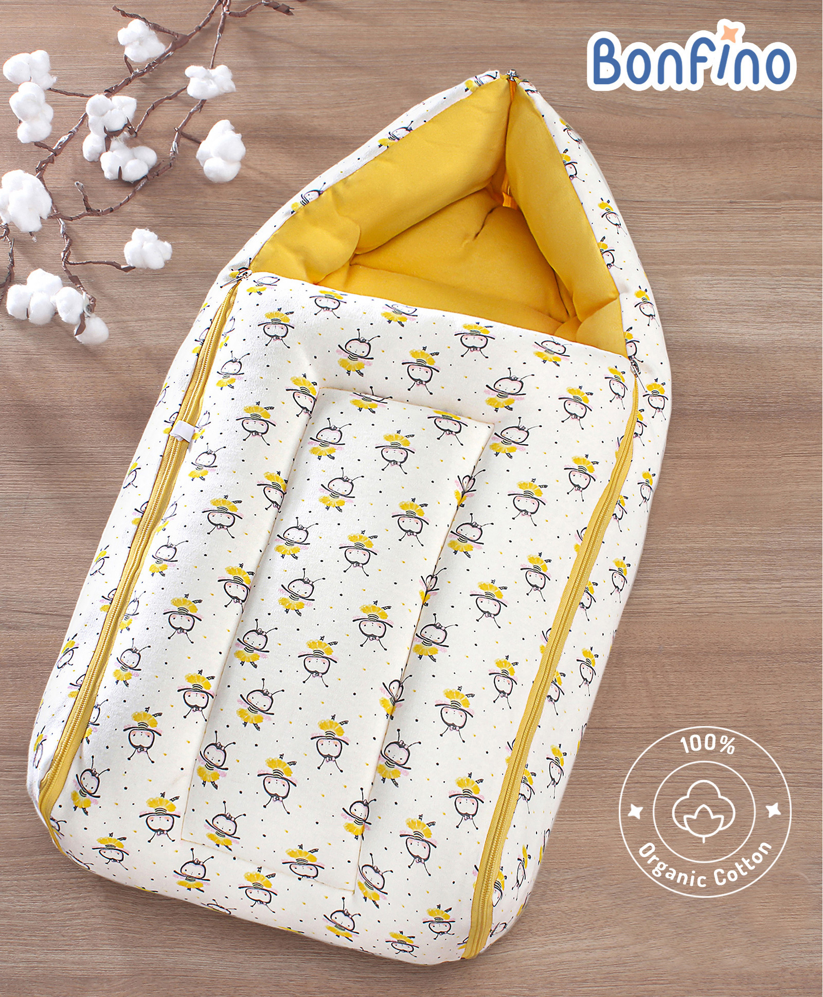 Bonfino Premium 100% Organic Cotton Sleeping Bag Honey Bee Print - Yellow-picture-46