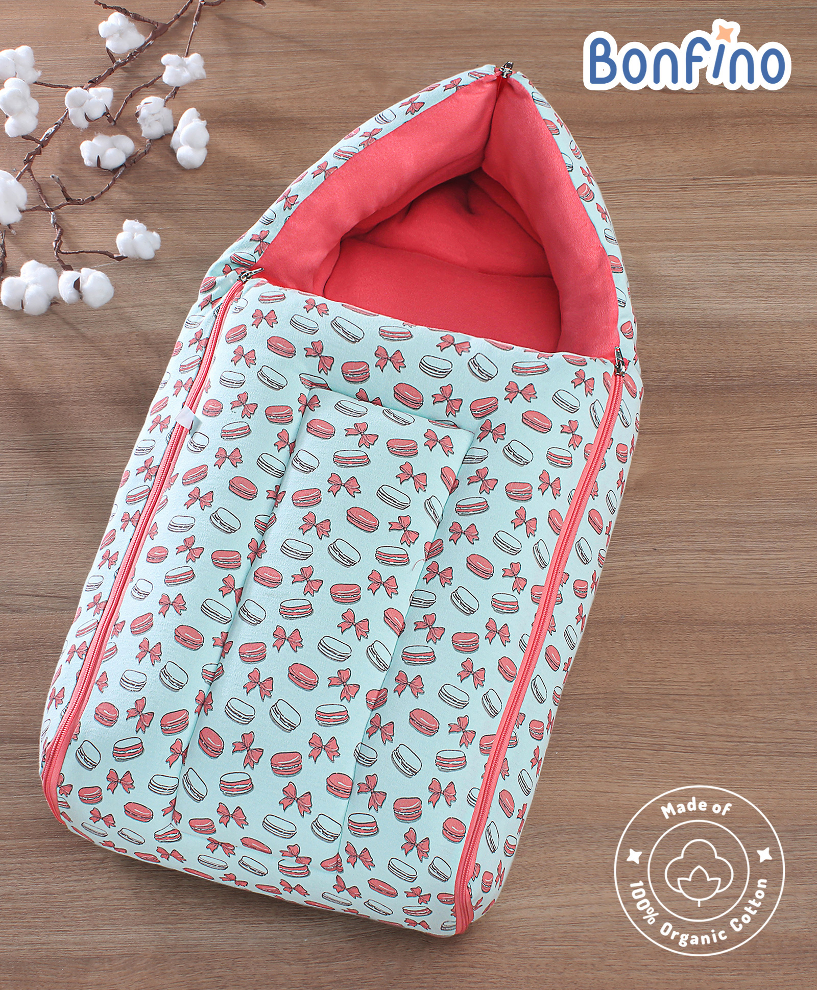 Bonfino Premium 100% Organic Cotton Sleeping Bag Macaroon Print - Pink-image-31
