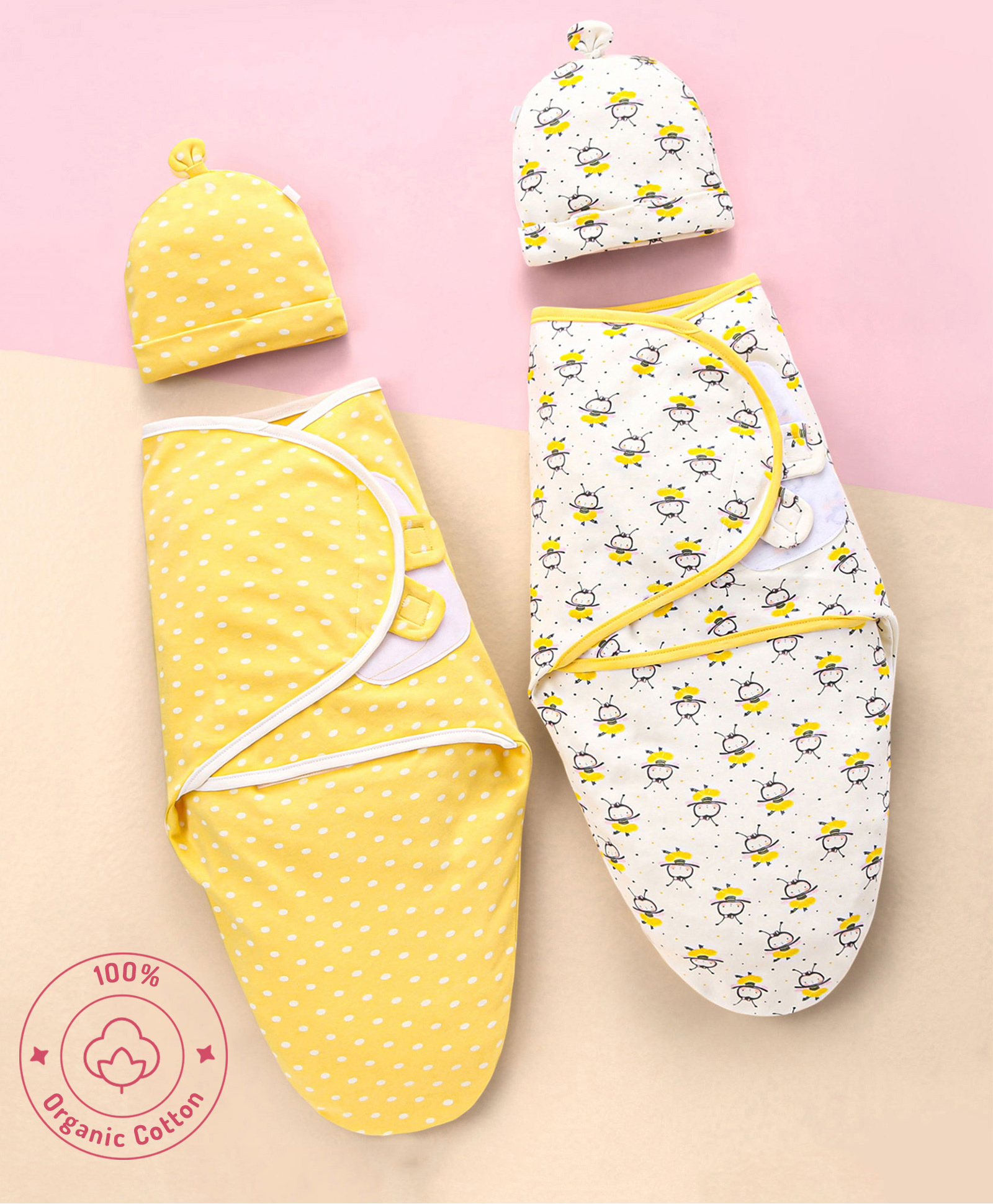 Bonfino Premium Organic Cotton Swaddle Wraps with Cap Honey Bee Print Set of 2 - Yellow-image-4