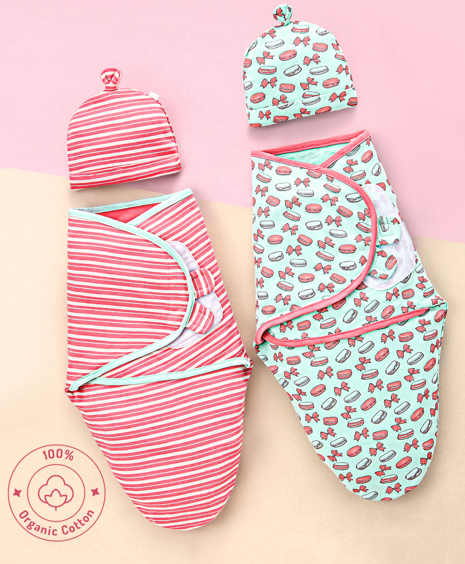 Bonfino Premium Organic Cotton Swaddle Wraps with Cap Macaroon Print Set of 2 - Pink-picture-15