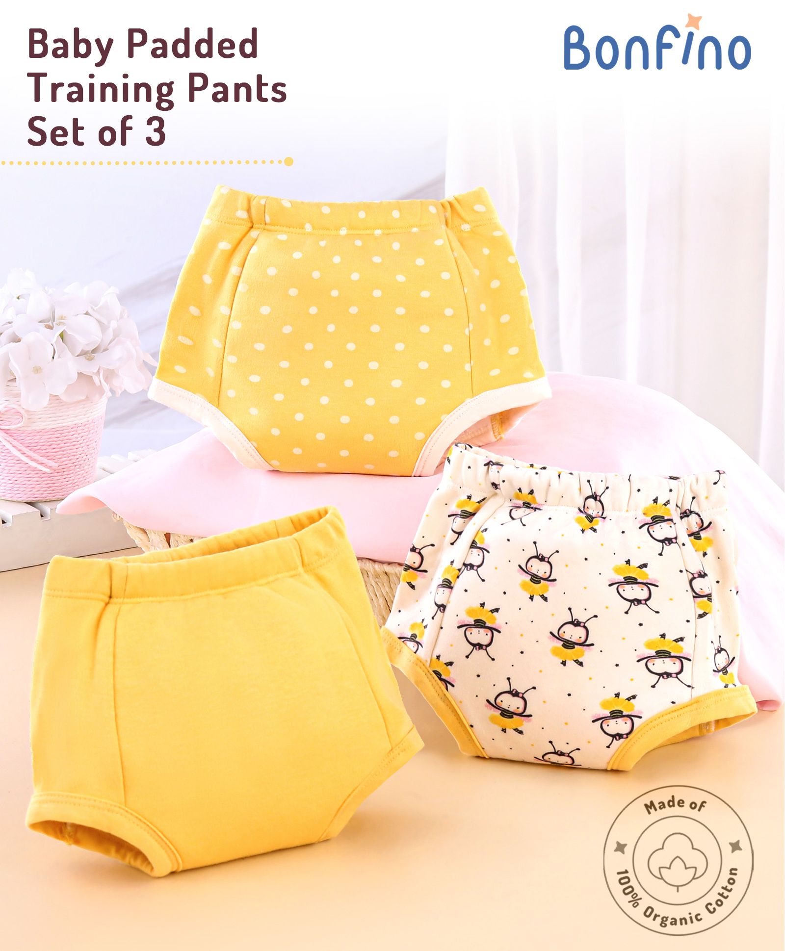 Bonfino Premium 100% Organic Cotton Padded Training Pants Honey Bee Print Set Of 3 Size 2- Yellow-image-5