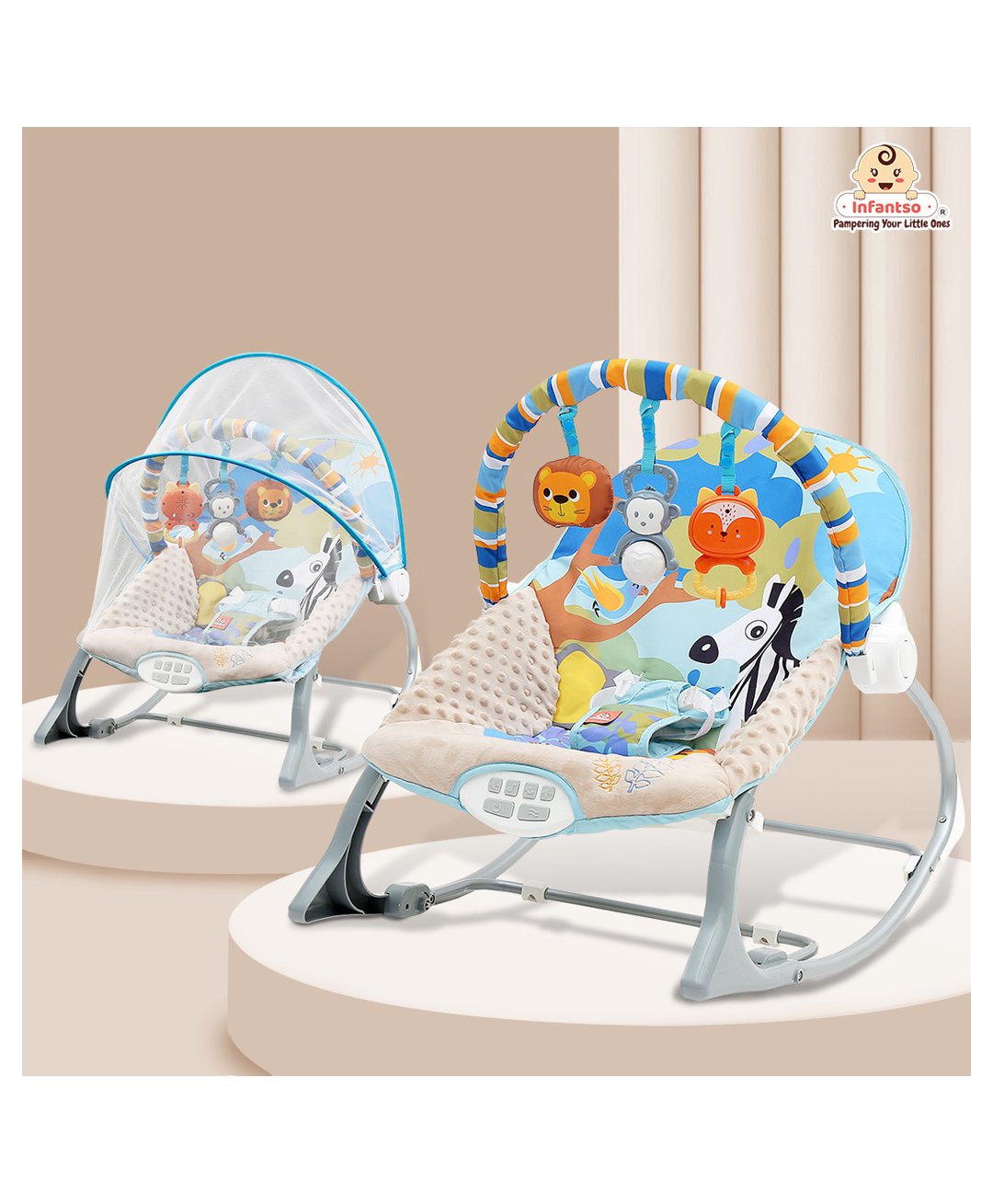 INFANTSO Baby Rocker Portable with Free Mosquito Net  with Calming Vibrations & Musical Toy - Dark Blue