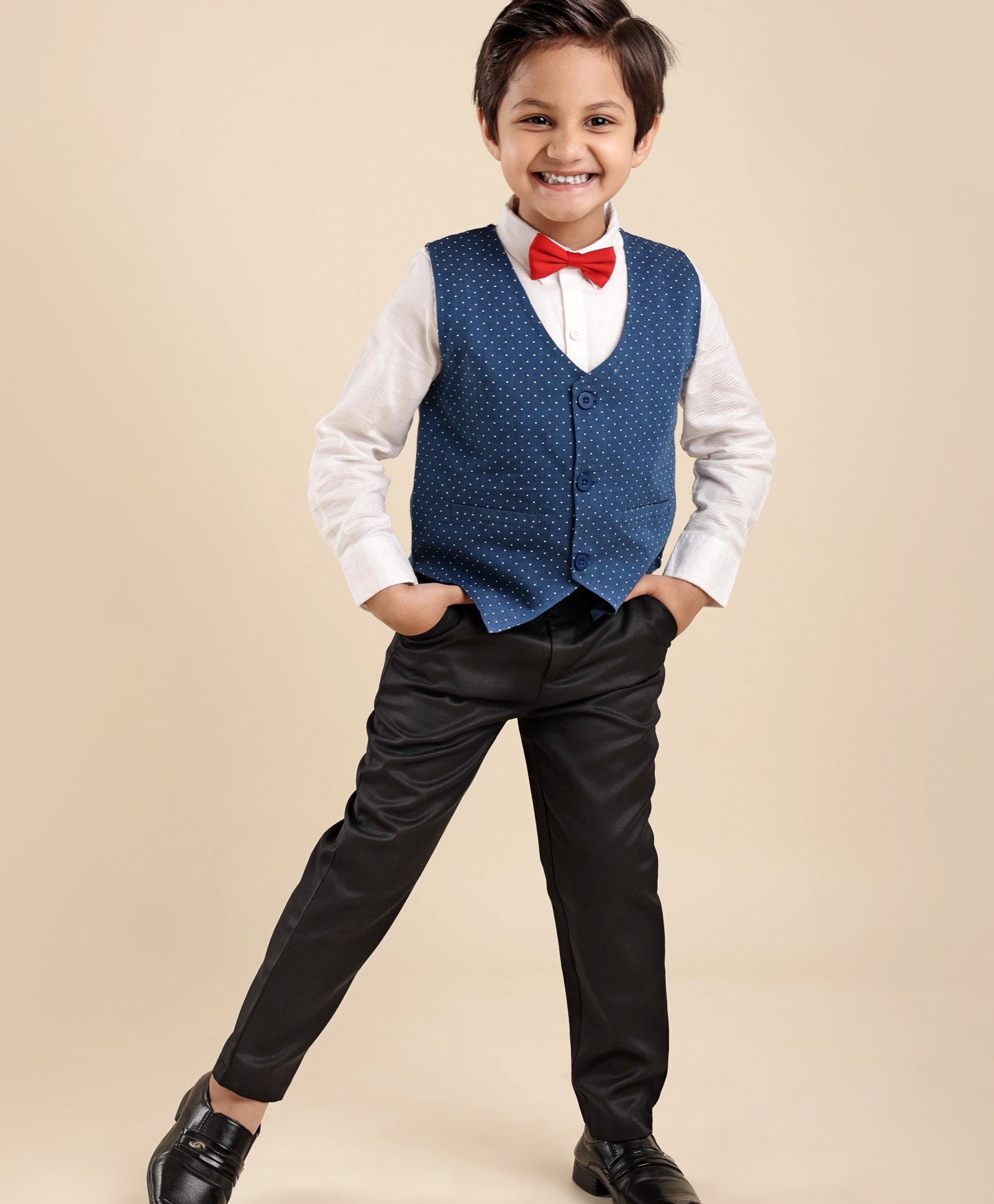 Babyhug Full Sleeves Party Suit With Bow - Blue & Black-image-16