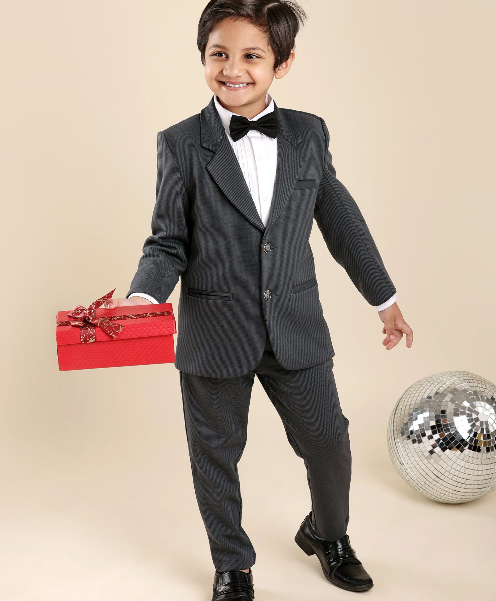 Babyhug Woven Full Sleeves Solid Party Suit with Bow Tie - Grey & White-picture-26