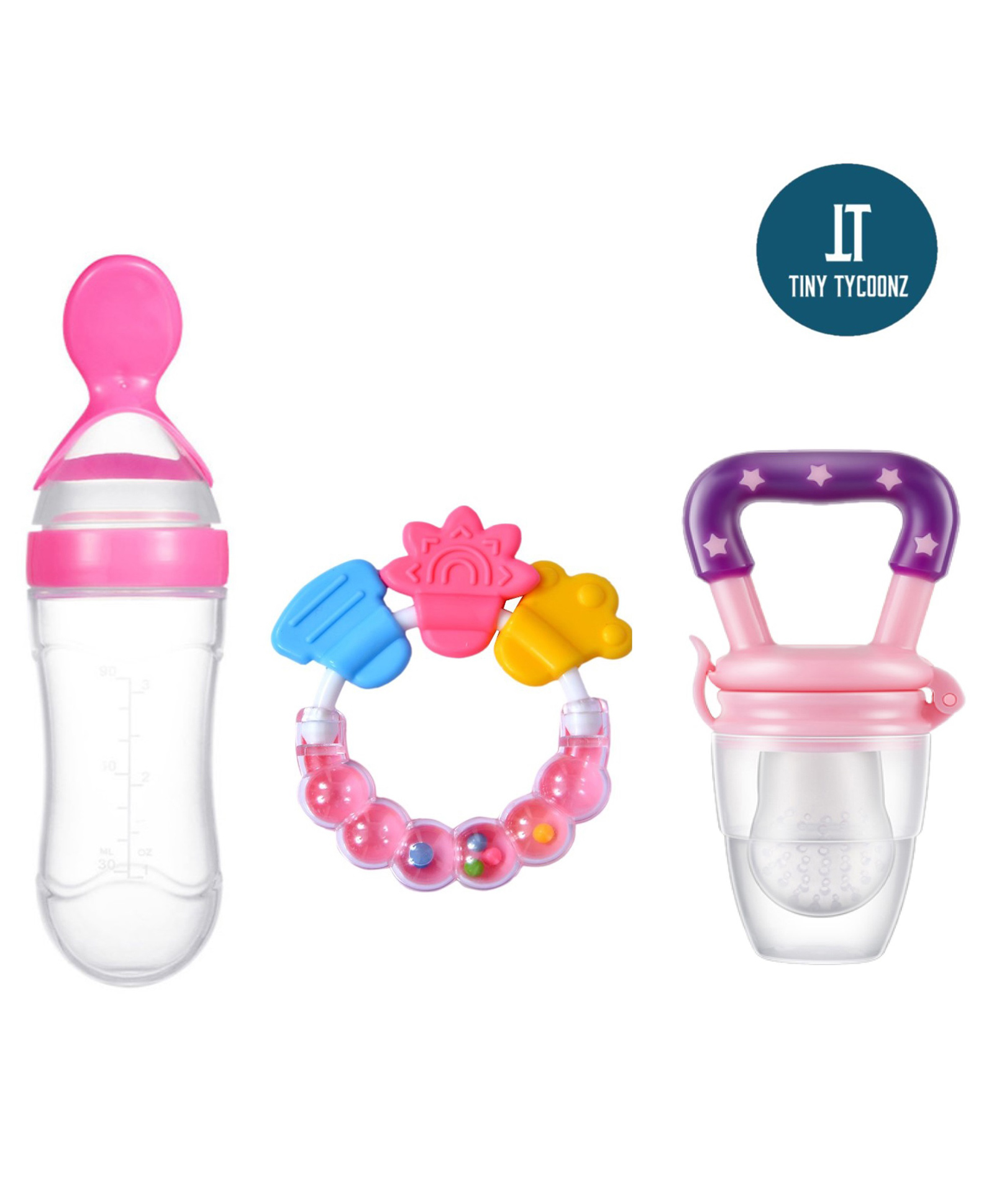 Tiny Tycoonz Combo of Fruit And Food Nibbler Spoon Feeder and Rattle Teether- Pink-image-11