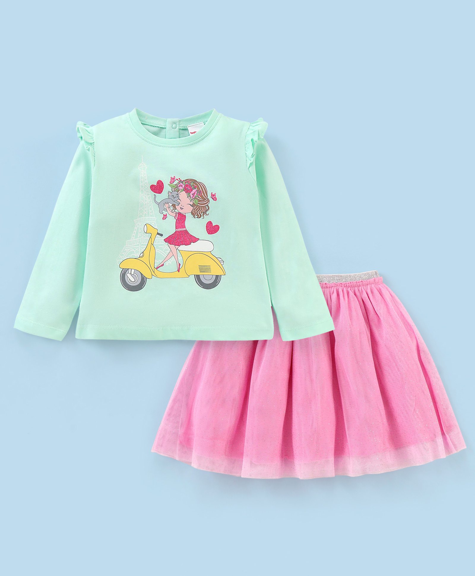 Babyhug Full Sleeve Glitter Printed Top & Skirt Set in Fancy Mesh - Mint & Lilac-image-23
