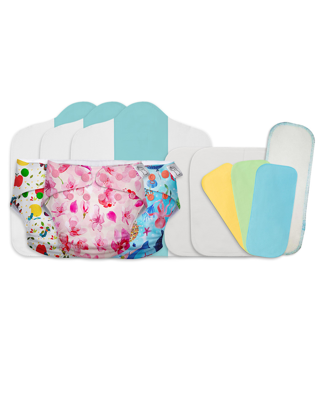 SuperBottoms Stash Builder Pack with 3 Freesize Cloth Diapers Combo 3 Fleece liners 2 Booster Pads & 1 Heavy Wetter Hemp Insert (Print May Vary)-picture-48