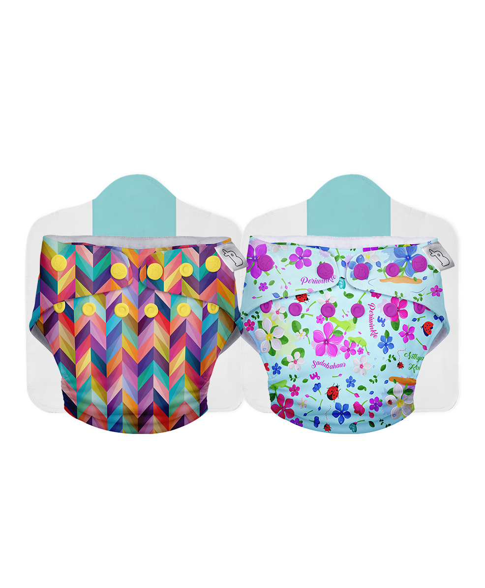SuperBottoms Cloth Diaper Combo Pack of 2 Reusable Cloth Diapers for babies With 2 organic cotton inserts - (Colour & Print May Vary)-picture-42