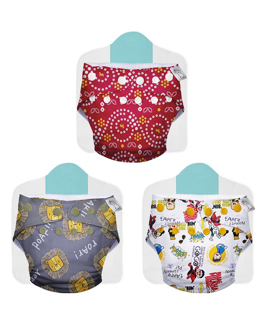 SuperBottoms Cloth Diapers Combo Pack of 3 Freesize With 3 organic cotton insert pads (Colour May Vary)-image-7