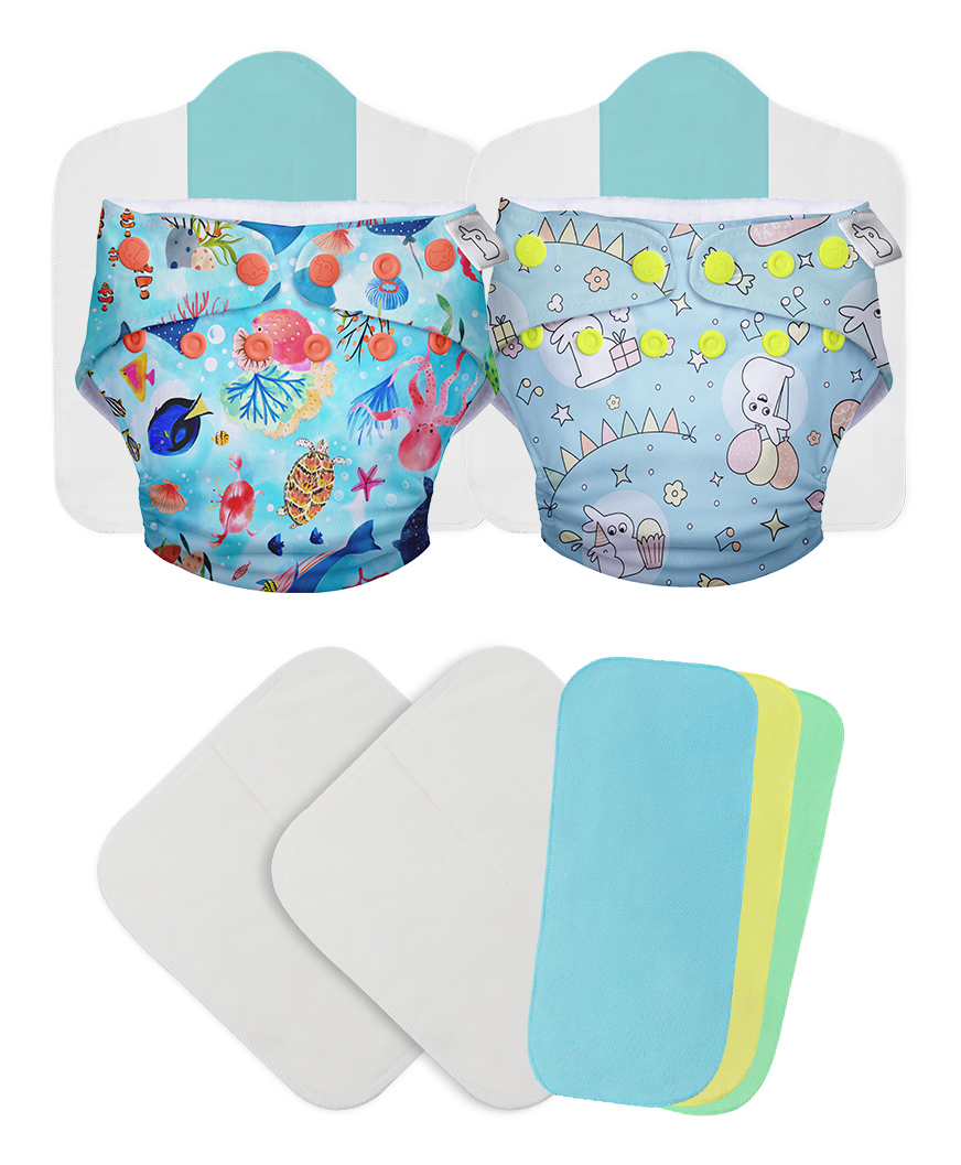 SuperBottoms  Starter Cloth Diaper Pack with 1 Freesize Diapers reusable diaper liners 1 insert and 1 booster pad - Multicolour-image-36
