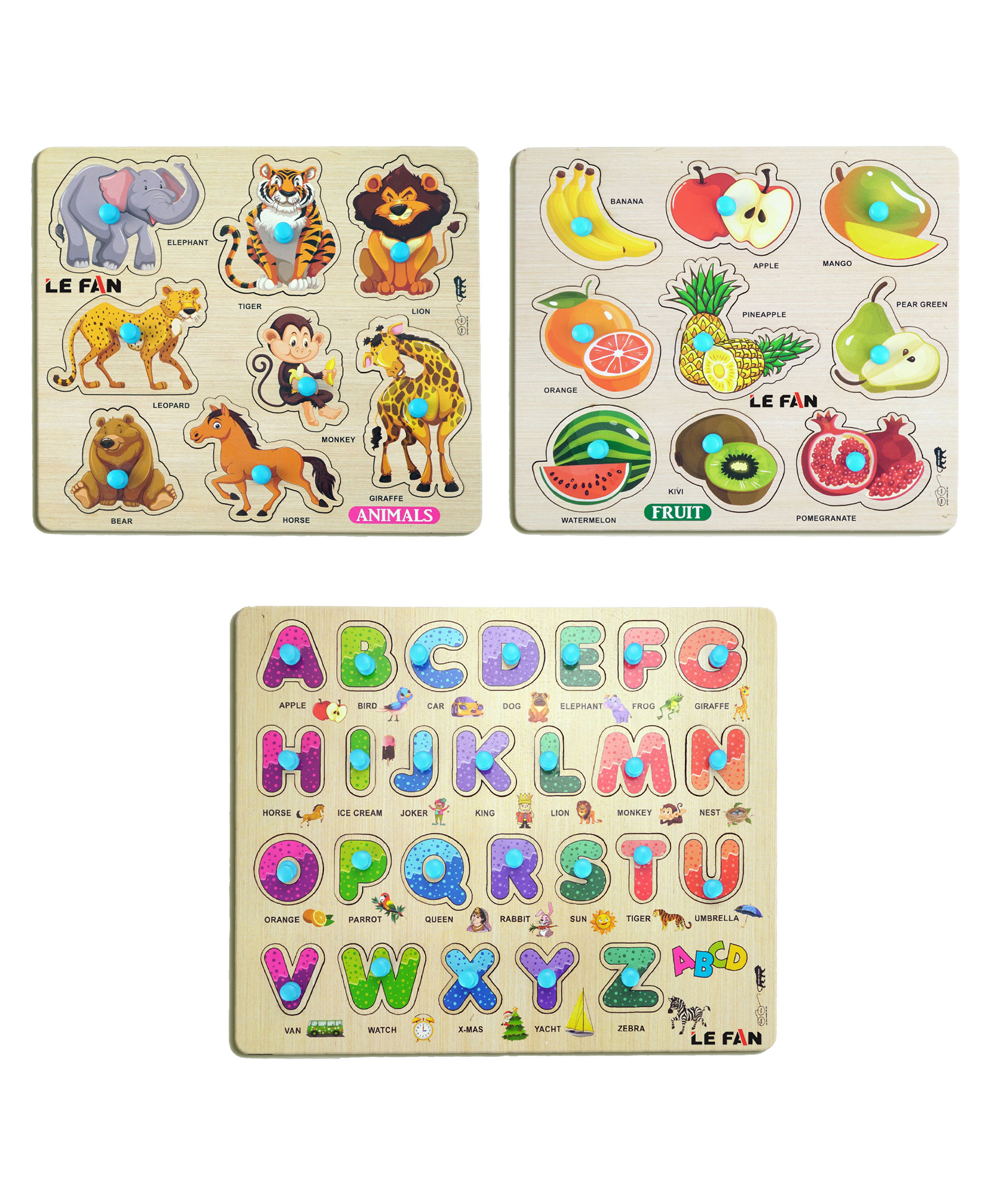 Mingkids Kids Educational Jigsaw Puzzles Learning Toys Kit Board Game Set of Animals Alphabets & Fruit Educational Toy Pack of 3 - 43 Pieces-image-49