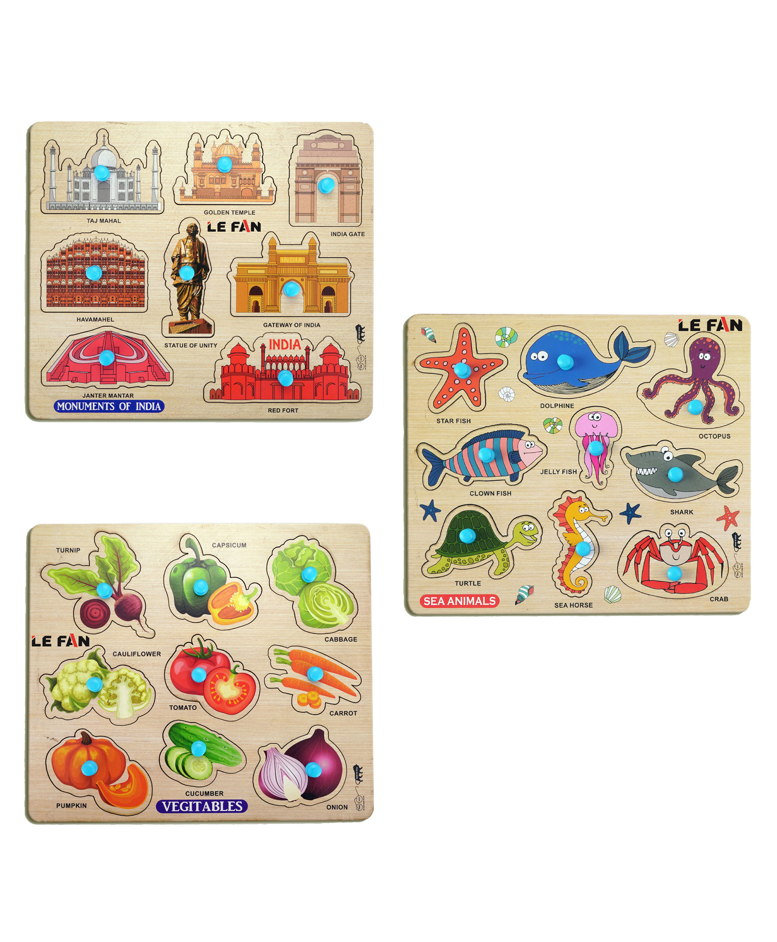 Mingkids Puzzles Kids Learning Toys Kit Monuments of India Sea Animals & Vegetables Pack of3 - 26 Pieces-image-0
