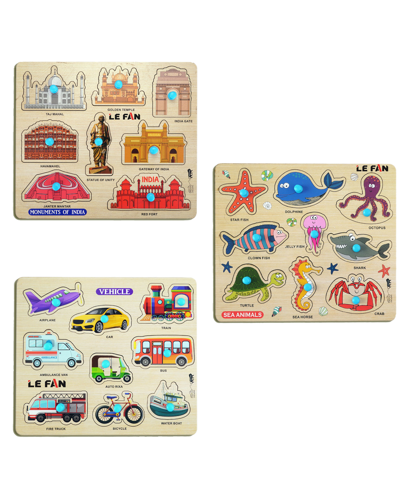 Mingkids Puzzle Learning Toys Kit Board Game Monuments of India Sea Animals & Vehicle Pack of 3 - 26 Pieces-image-34