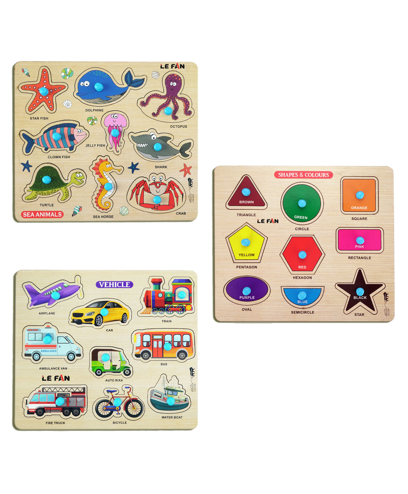 Mingkids Educational Jigsaw Puzzles Learning Toys Kit Board Game Sea Animals Shapes & Colours & Vehicle Pack of 3 - 27 Pieces-image-28