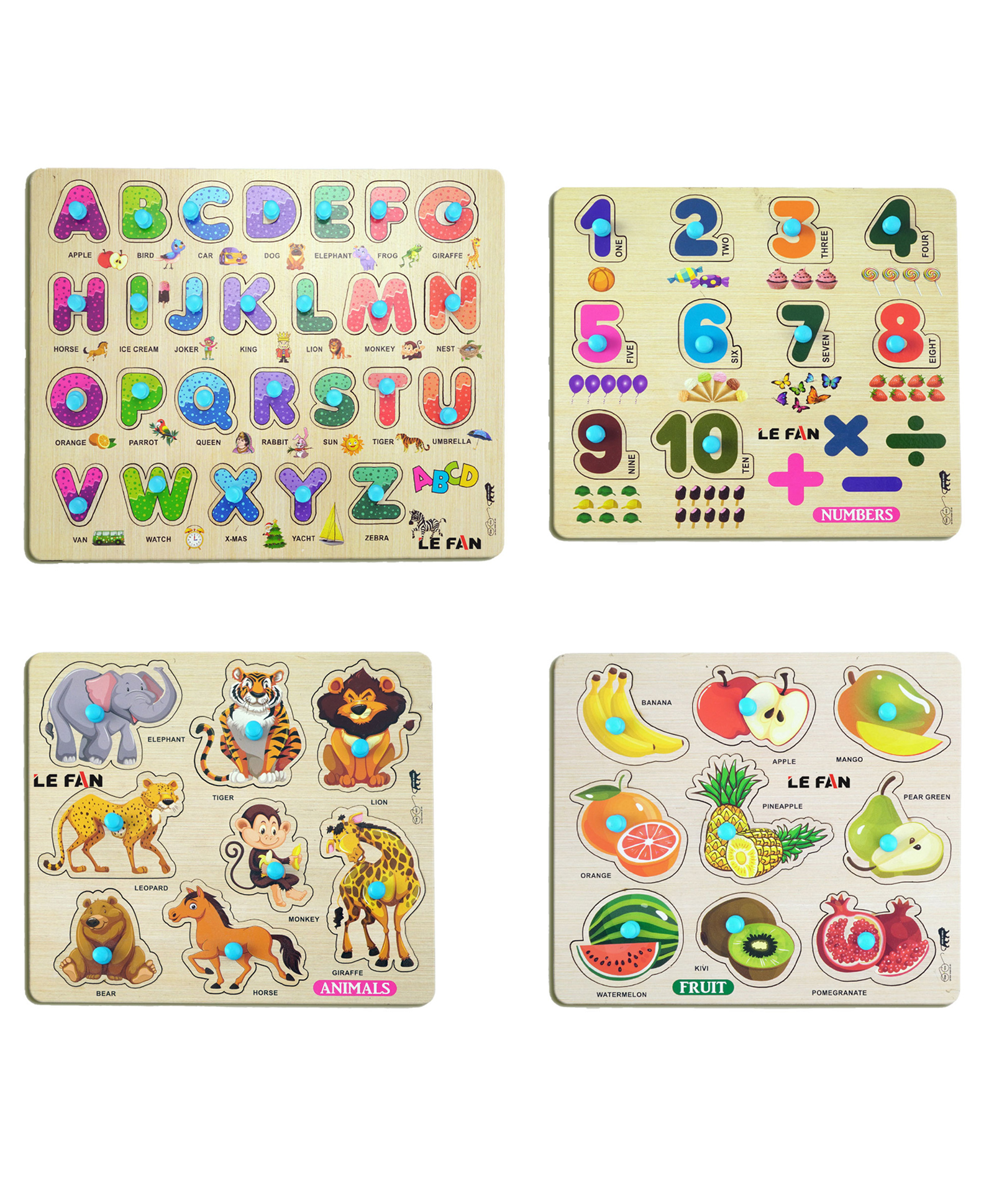 Mingkids Kids Fort Pre Nursery Educational Puzzles for Adults kids Learning Toys Kit Board Game 4 pcs Set of ABCD Alphabets, Numbers, Animals & Fruits - 53 Pieces-image-10
